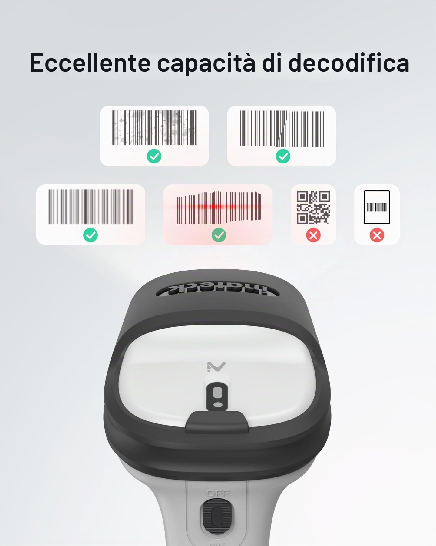 Inateck AI Lettore di Codici a Barre Bluetooth, Scanner 1D Wireless USB con App e SDK, 180 Giorni in Standby con Una Carica, Portata di 35 m, Scansione Automatica Rapida e Precisa, BCST-70 AI
