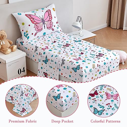 Image of PERFEMET 4-Piece Girls Butterfly Bedding in Pink Floral - Reversible Colorful Flower Toddler Bed Comforter Set for All Season (White, Butterfly)