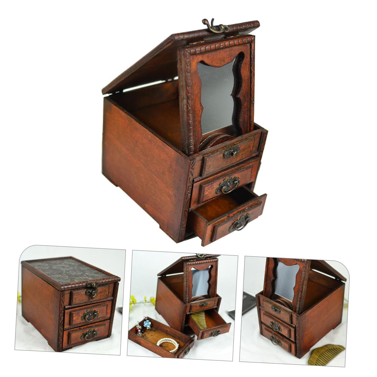 Joyero de Madera Organizador Elegante Estilo Chino Vintage con Espejo, Caja para Pendientes y Collar con Excelente Acabado para Almacenar Joyas en Días Obsequios