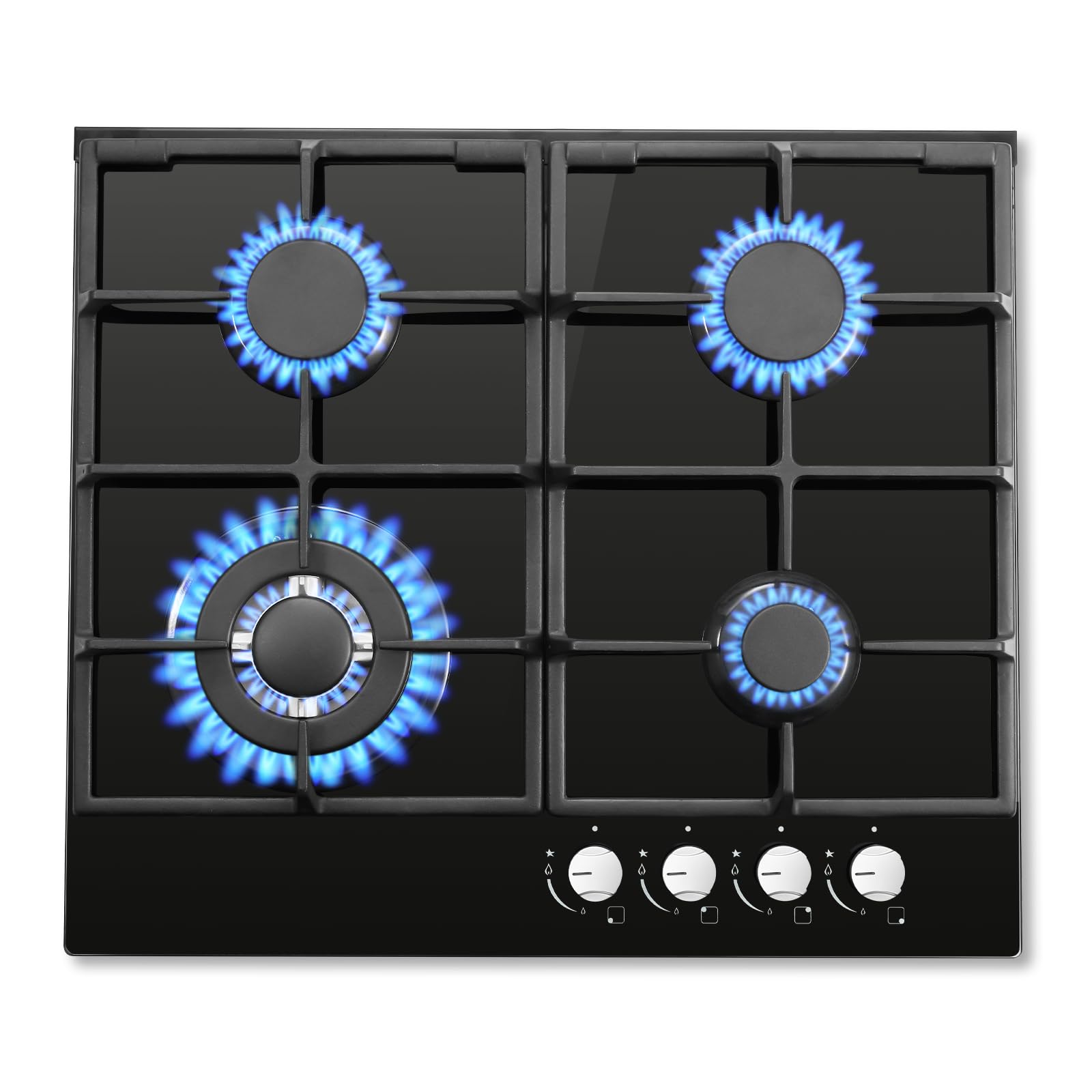 SNDOAS piano cottura 4 fuochi gas, piano cottura vetro con protezione automatica della fiamma, gas naturale e gas propano, nero, 8060 W, 220-240 V
