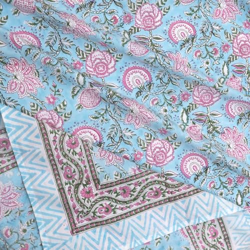 Image of TOAI Hand Block Printed Bedsheet | Bed Spread Flatsheet Bed Sheet | Pure Cotton | Queen Size 90 inchx108 inch | 300 TC Long Staple Cotton | 2 Reversible Pillow Covers |Pink Florals On Blue