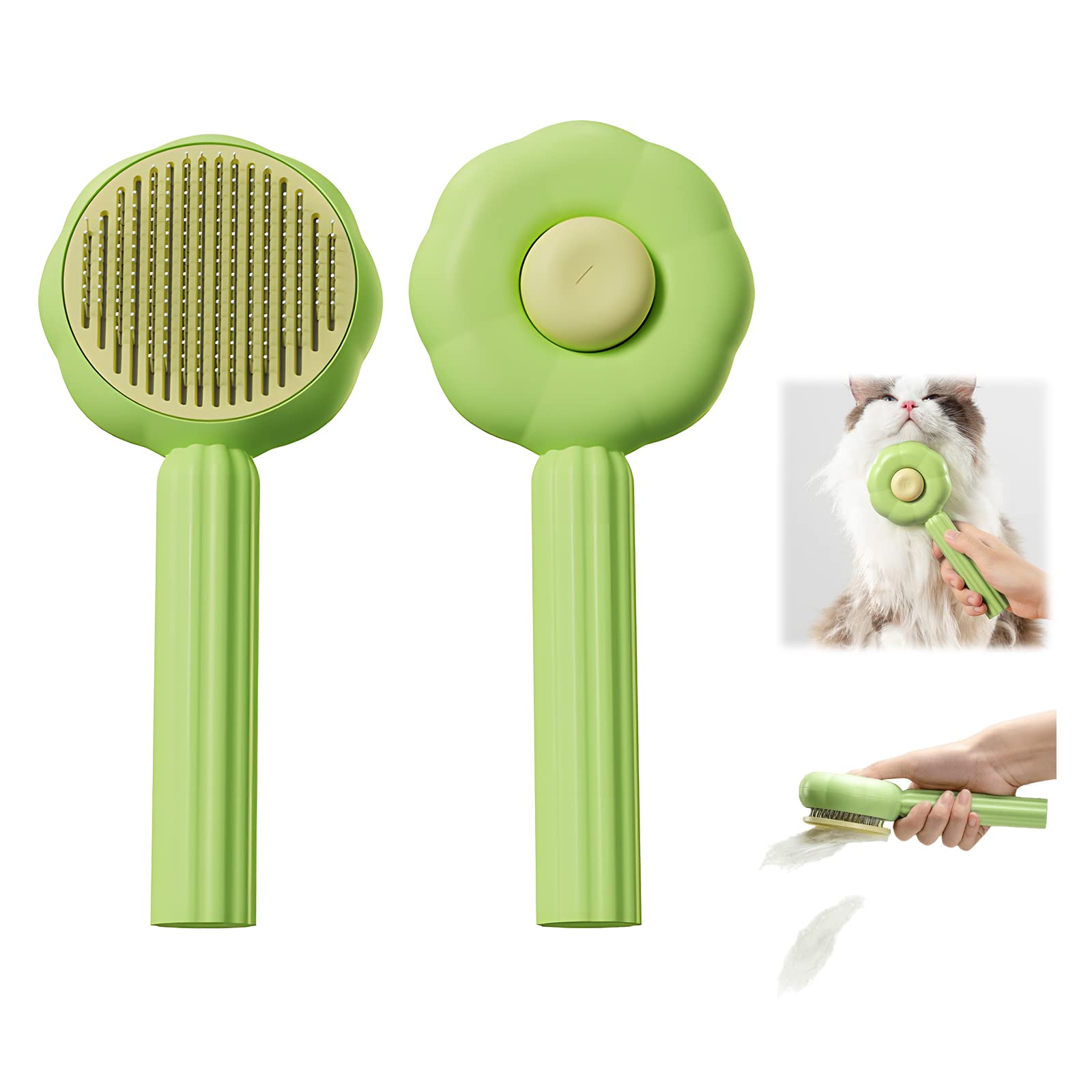 Pet Combing Brush, Pet Hair Cleaner Brush with Hair Removal Button, Self Cleaning Cat Grooming Brush, Dog Brush Cat Brush, Suitable for Short Long Curly Hair (Green)