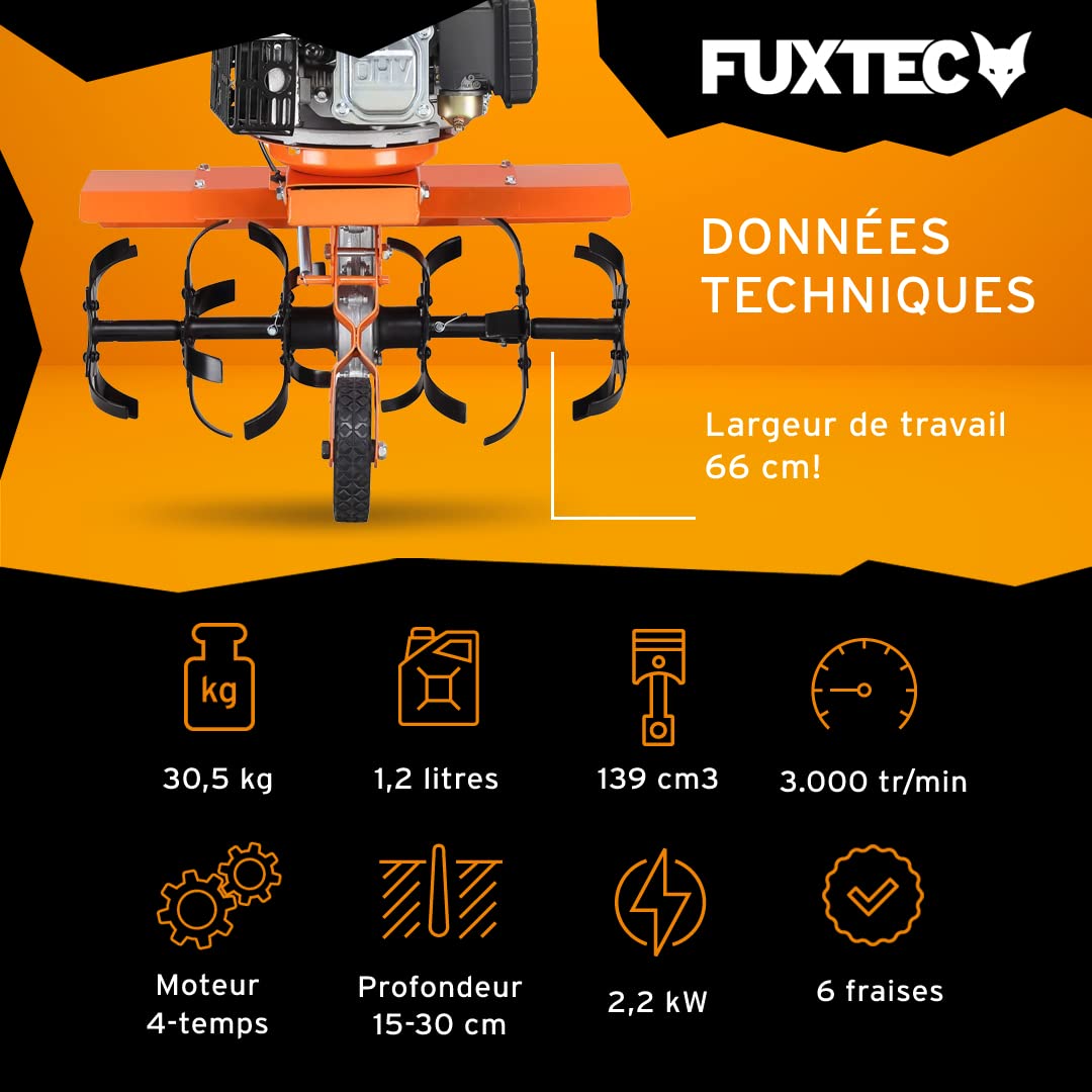 Fuxtec Motobineuse Thermique FX-AF1139 Set Motoculteur Essence Moteur 4 Temps 139cm3 2,2kW avec Extension De La Largeur De Travail De 36 à 66cm Cultivateur Profondeur Réglable Jusqu’à 30cm