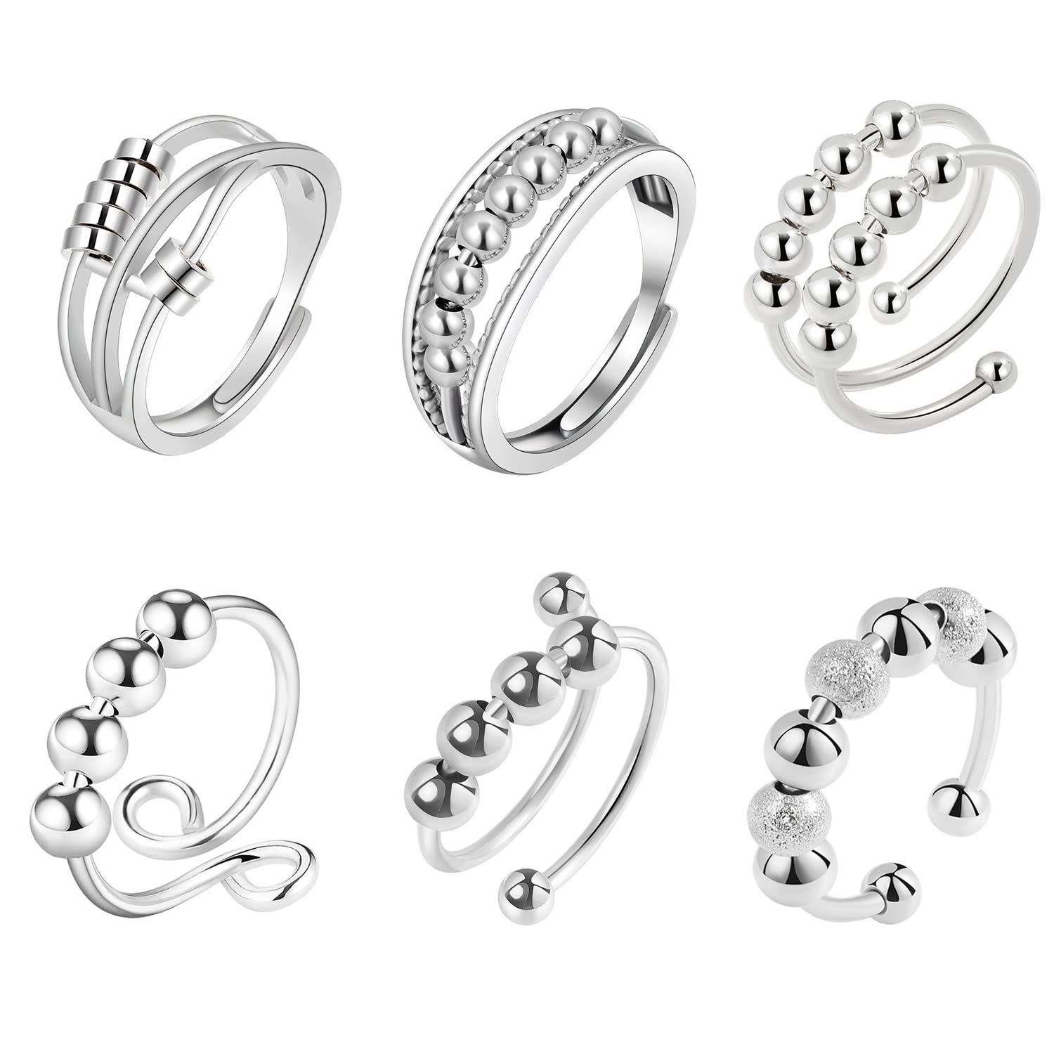 6PCS Silver Plated Rings Set Anxiety Relief Spinner Ring Fidget Ring with Beads Anti Anxiety Ring for Women Men Unisex Adjustable Open Ring