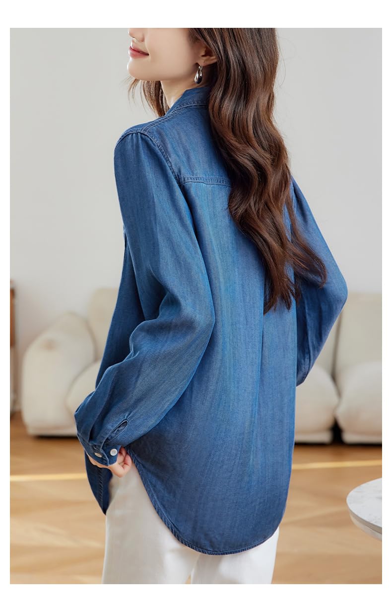 Camicia da Donna in Morbido Denim Tencel, vestibilità Ampia, Maniche Lunghe, Abbottonatura Frontale, Camicetta in Chambray, Leggera E Casual, con Tasche sul Petto, Ideale per Lavoro, Uffi