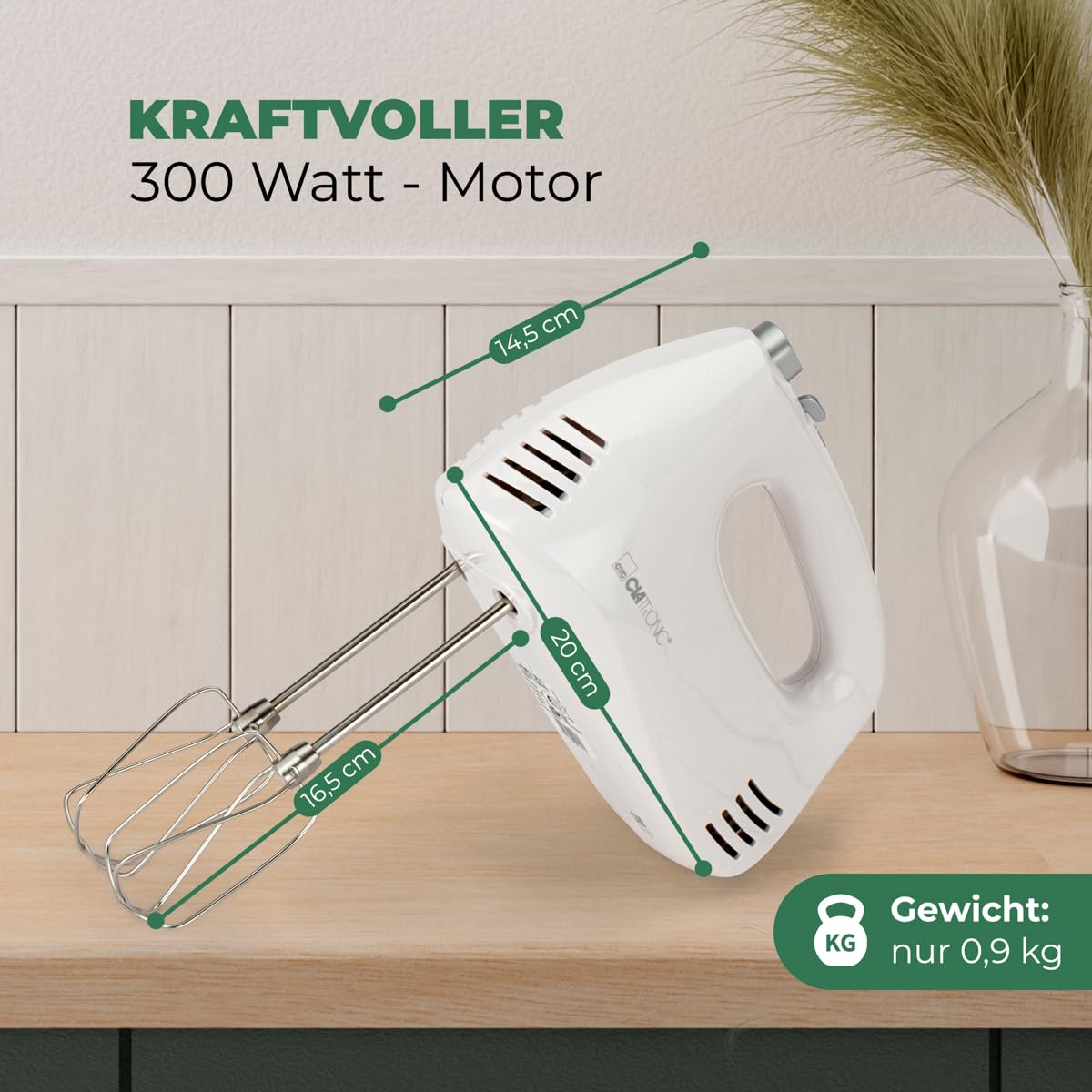 Clatronic® Mikser ręczny | mikser ręczny i ręczny w jednym, mieszadło ręczne z mocnym silnikiem o mocy 300 W, mieszadło z 5 stopniami prędkości, poziom turbo i przycisk wyrzutu, HM 3524