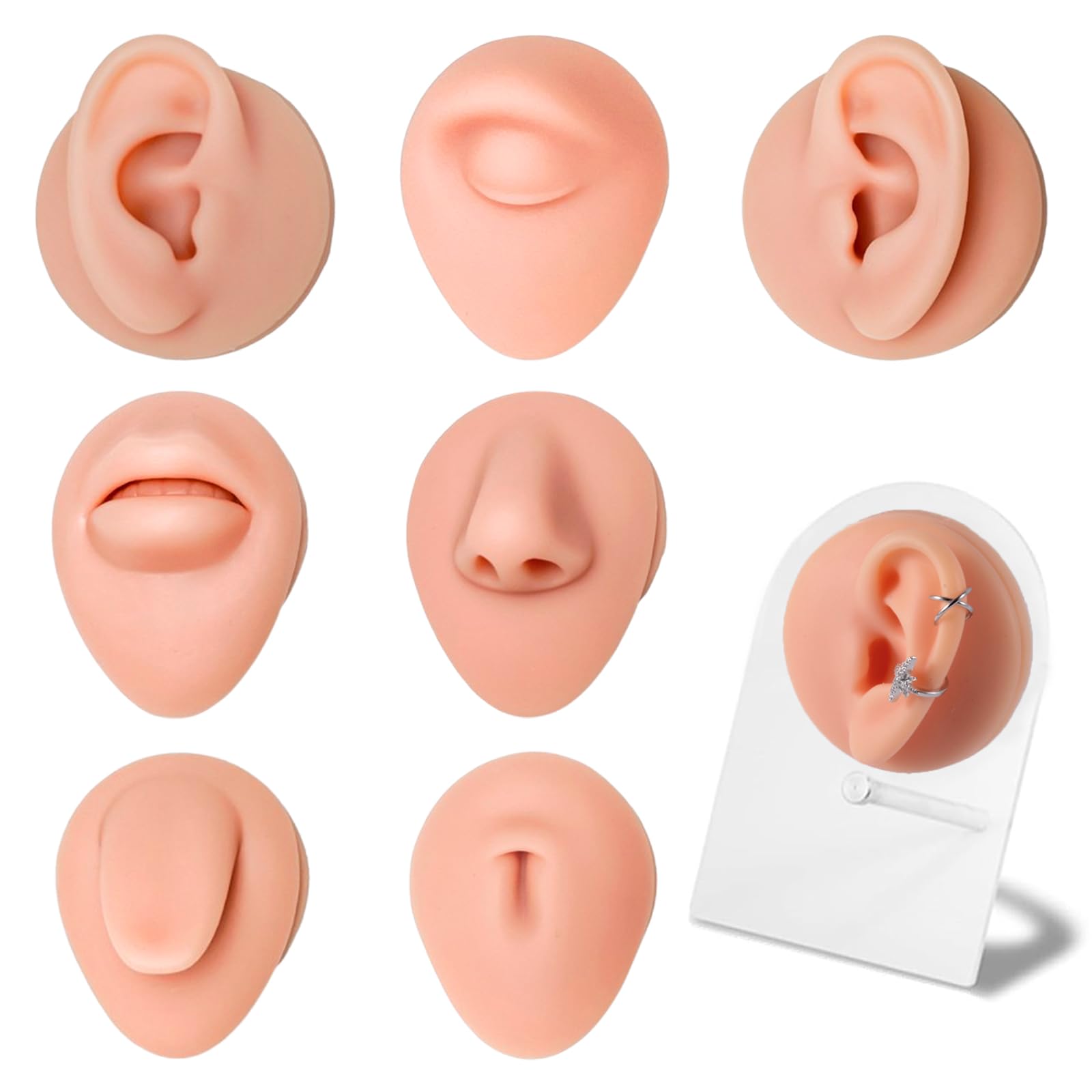 YONGDA 7Pcs Soft Silicone Piercing Body Parts with Display Stand - Realistic Ear, Nose, Lip, Tongue, Eyebrow, Belly Button Model Kit for Tattoo &