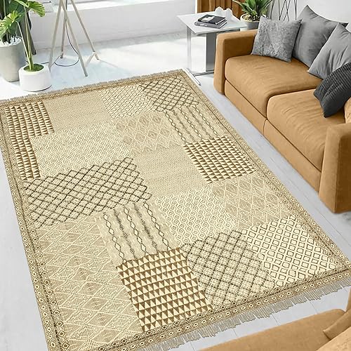 Tapis carré 2,4m marron beige géométrique Dhurrie plat salon - 3