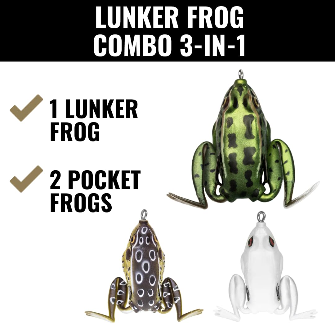 Lunkerhunt - Kit de señuelo de Pesca (Paquete de 3) | 1 Tortuga, 1 Rana, 1 pez Sol | Cebo de Pesca de Agua Superior para Pesca de lubina, anzuelos sin Malas Hierbas