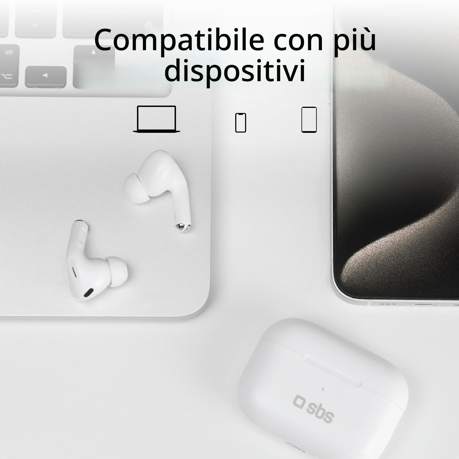 SBS Air Kab Max TWS - Cuffie Auricolari In-Ear True Wireless Stereo, Custodia con Ricarica Wireless, Hall Switch, Dual Leader, Autonomia 5h, Comandi Touch, per Smartphone, Tablet, Laptop, Bianco