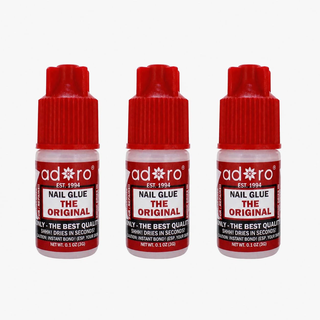 Adoro Original Nail Glue (Pack of 3), Professional Strong Hold Adhesive, Quick-Drying Formula for Adhesion and Arificial Nail Applications.