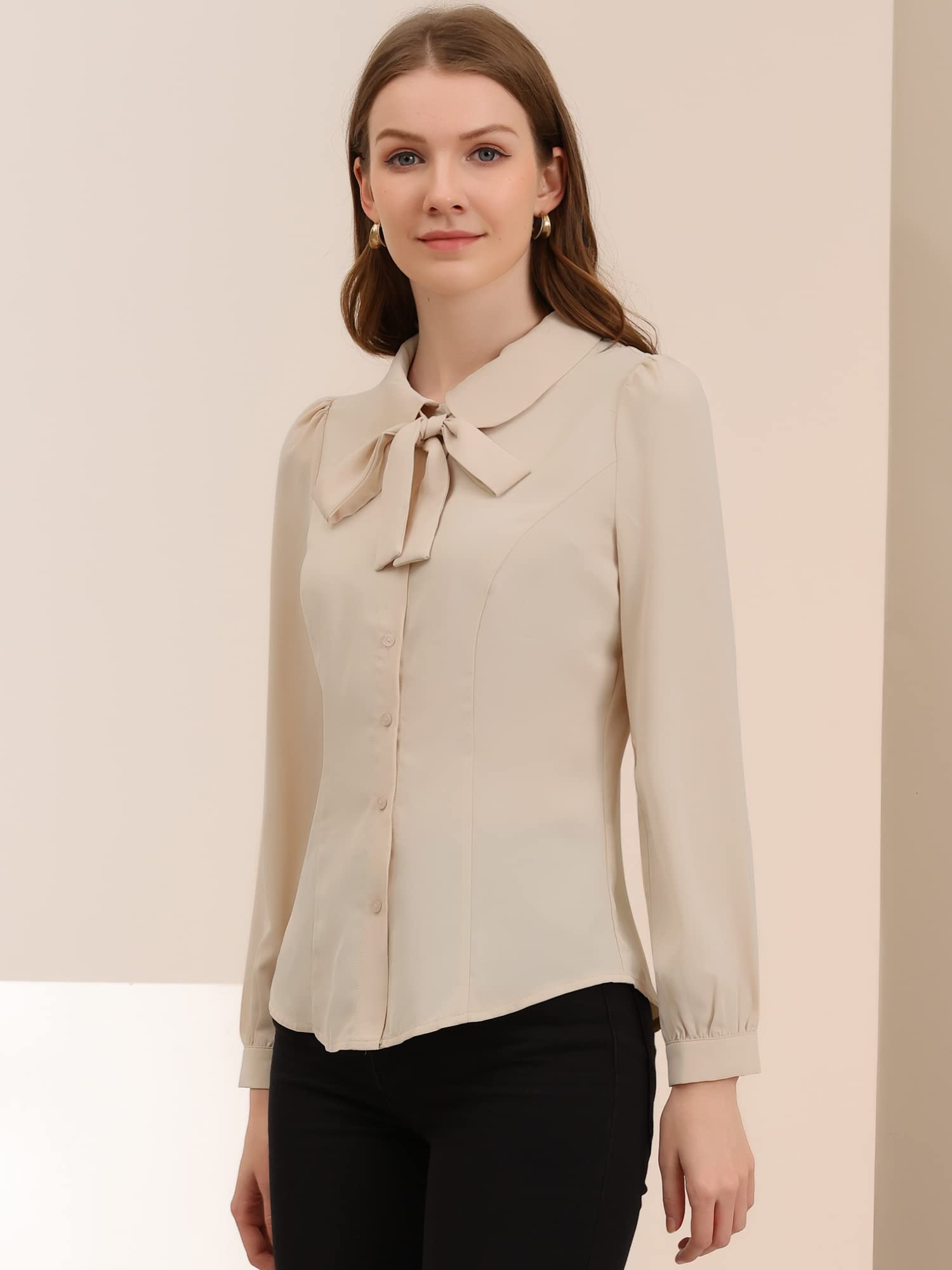 Allegra K Donne Peter Pan Colletto Camicia AutoChiudente Collo Bottone Giù Lavoro Ufficio Top Blusa