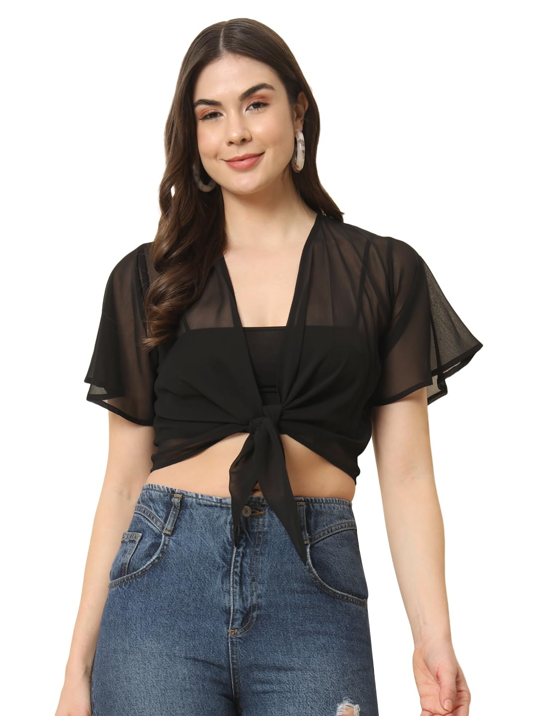 trend arrest.ed Women’s Sheer Crop Shrug with Tie-Front & Flutter Sleeves | Lightweight Black Mesh Layer for Summer Styling-picture-18