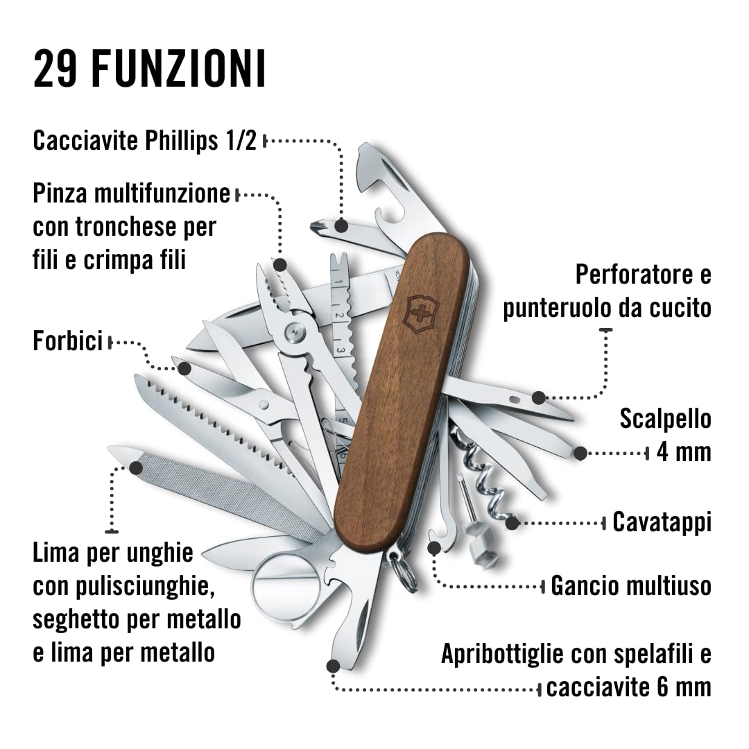 Victorinox Multiuso Swiss Champ Wood, Legno, 29 Funzioni, Made in Switzerland, Multi-strumento con Seghetto per Legno, Forbici, Marrone