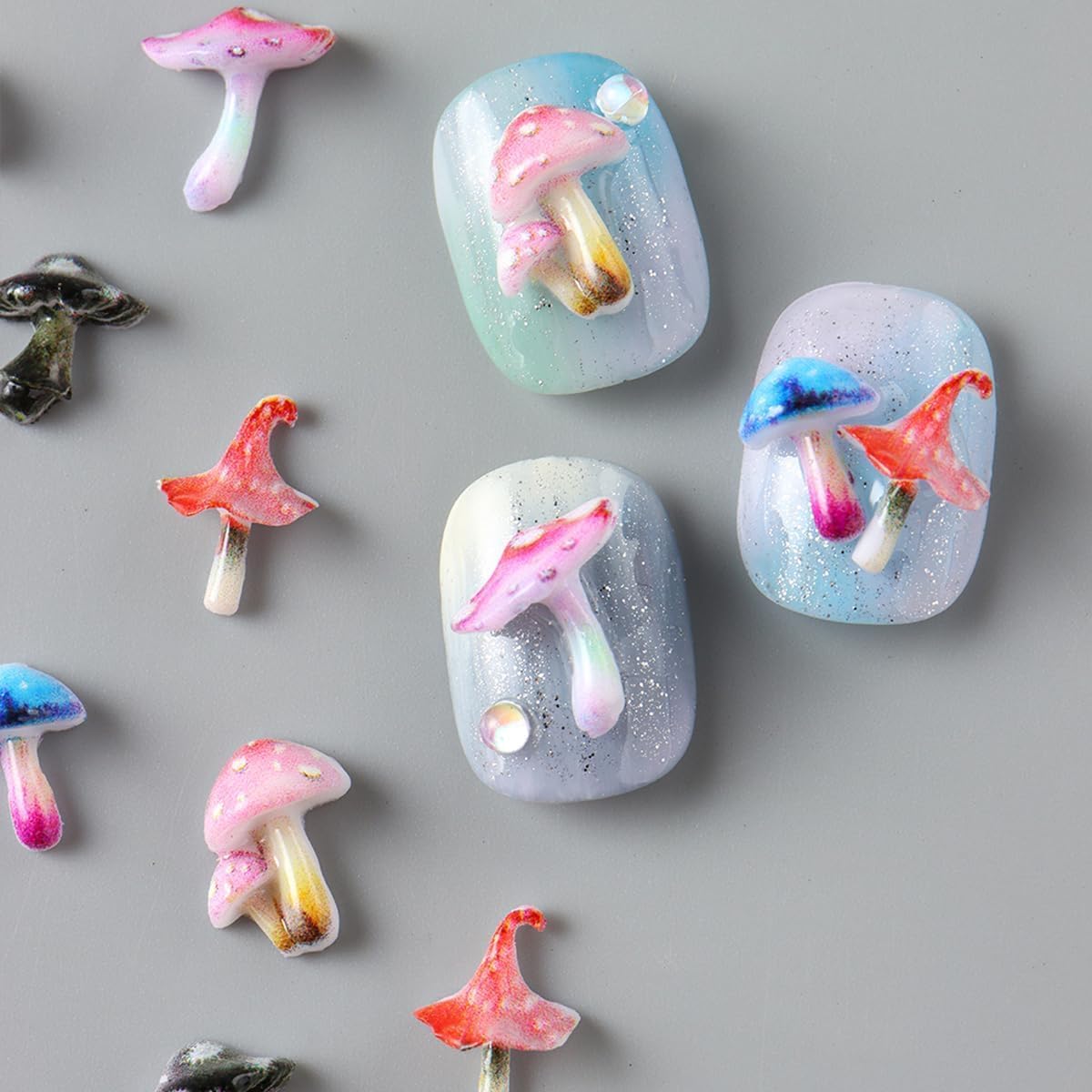 COOSLIM 110pcs Cute Mushroom Nails Charms 3D Resin Nail Art Supplies for Acrylic Nails Colorful Nail Gems and Charms Kawaii Charms for Women Summer DIY Nail Art Decoration 3