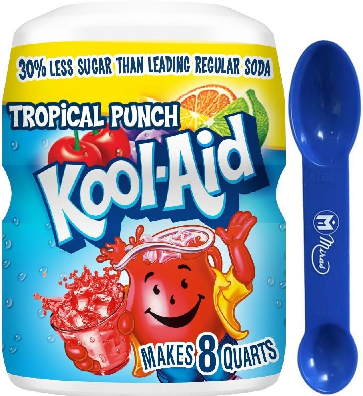 (Pack of 1) Kool-Aid' Tropical Punch Sweetened Powdered Drink Mix 20 oz Canister (Miras Trademark 2-in-1 Measuring Spoon Included!)