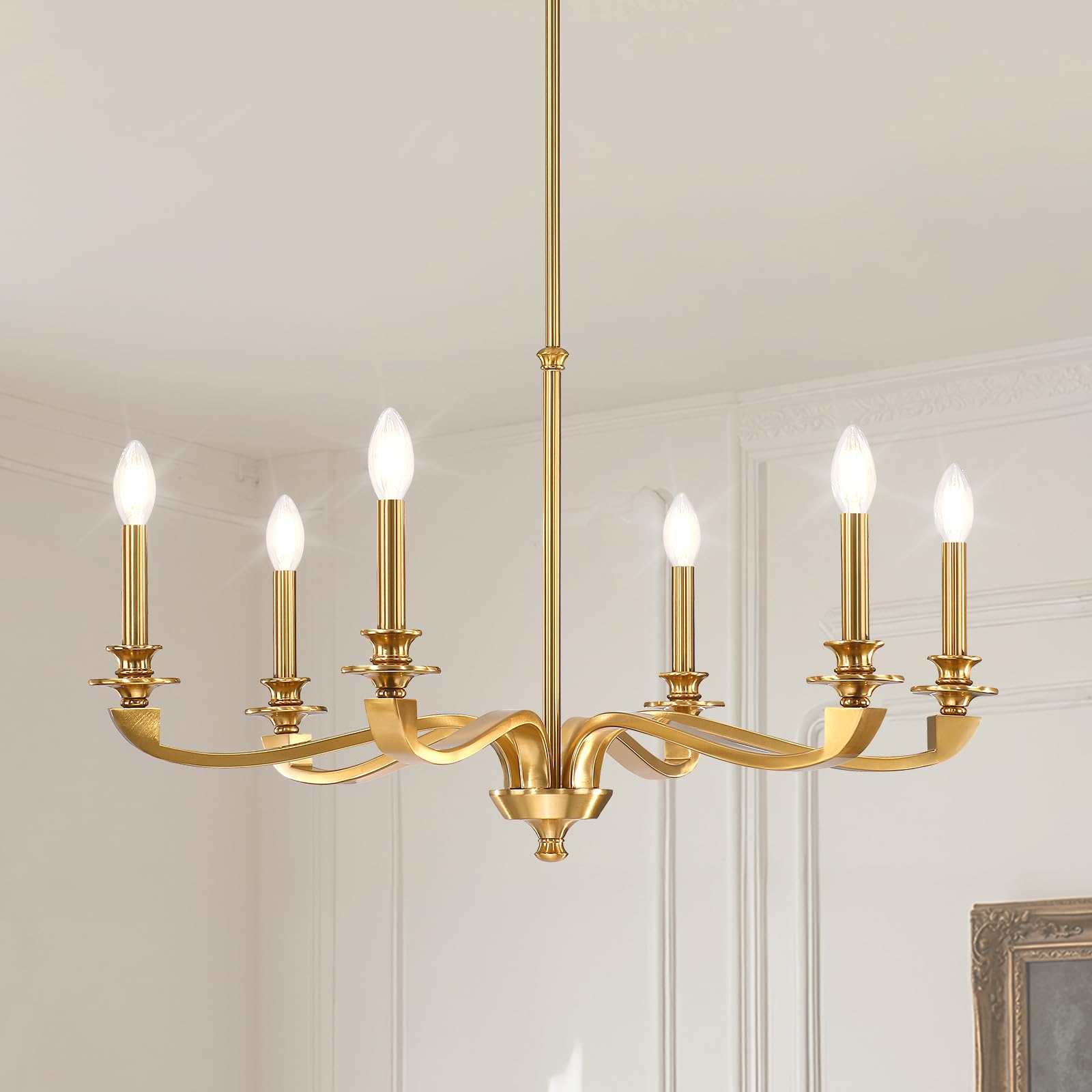 Photo 1 of Gold Chandeliers for Dining Room, 31.5 Inch Vintage Gold Chandelier Light Fixture over Table, Farmhouse Candle Chandeliers, 6-Light Brass Chandeliers for Kitchen, Bedroom, Living Room (E12 Base)