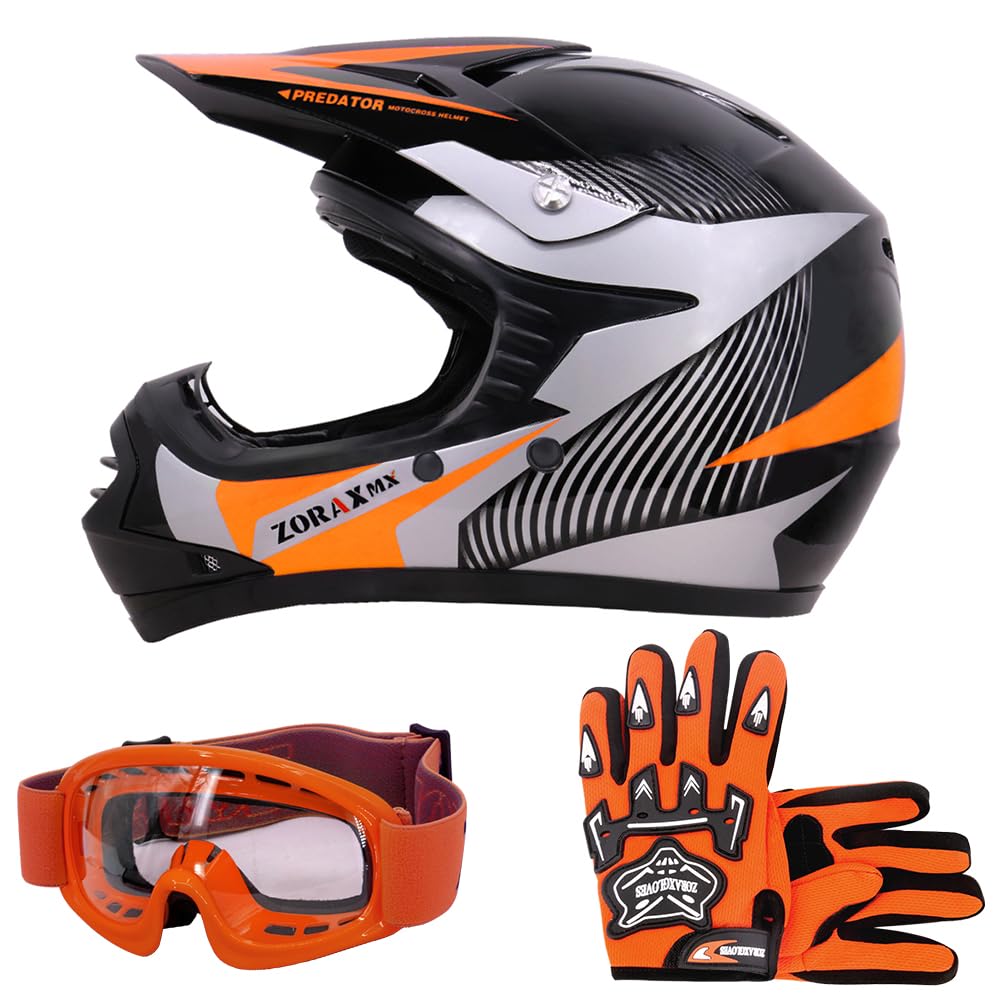 Zorax ZOR-X19 Orange M (51-52cm) PREDATOR Kids Motocross Motorbike MX Helmet ECE2206 & Gloves M (6cm) & Goggles