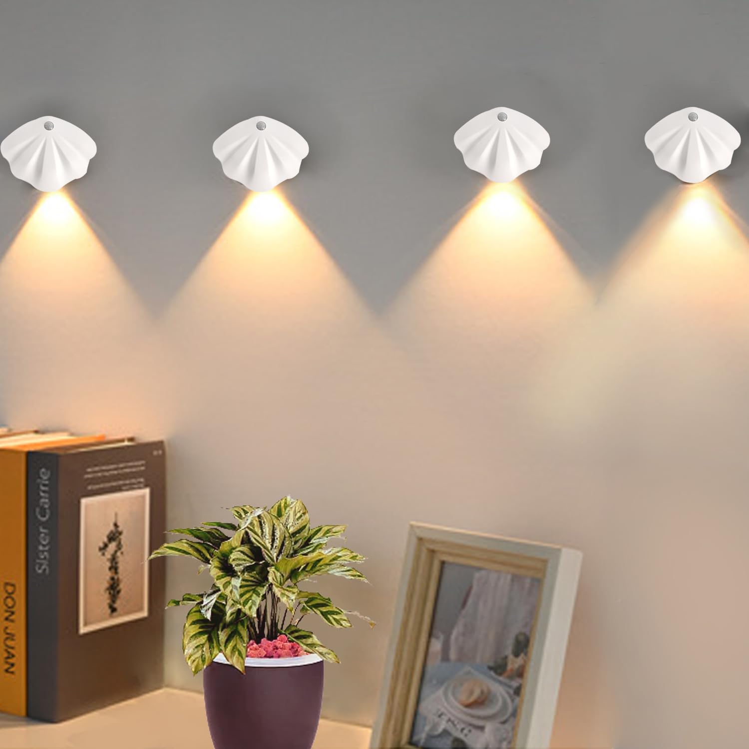 Sensor Night Light Luce notturna a conchiglia Luce notturna ricaricabile da parete USB Luce notturna dimmerabile con sensore di movimento per scale, camera da letto (white, 4)