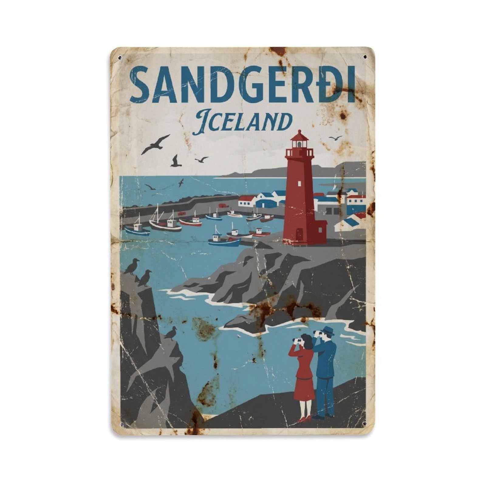 Vintage Travel Sandgerdi Iceland Lighthouse Metal Tin Sign