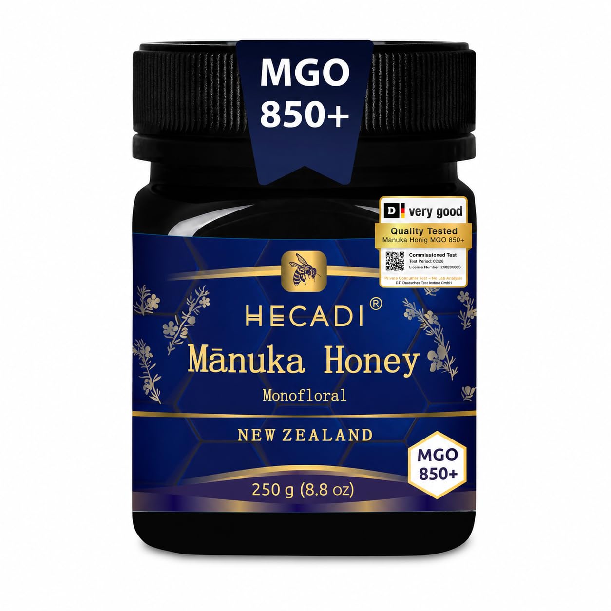 Miel de Manuka 850+ MGO Hecadi Original Miel Manuka de Nouvelle-Zélande avec une teneur en MGO certifiée et garantie 250 g