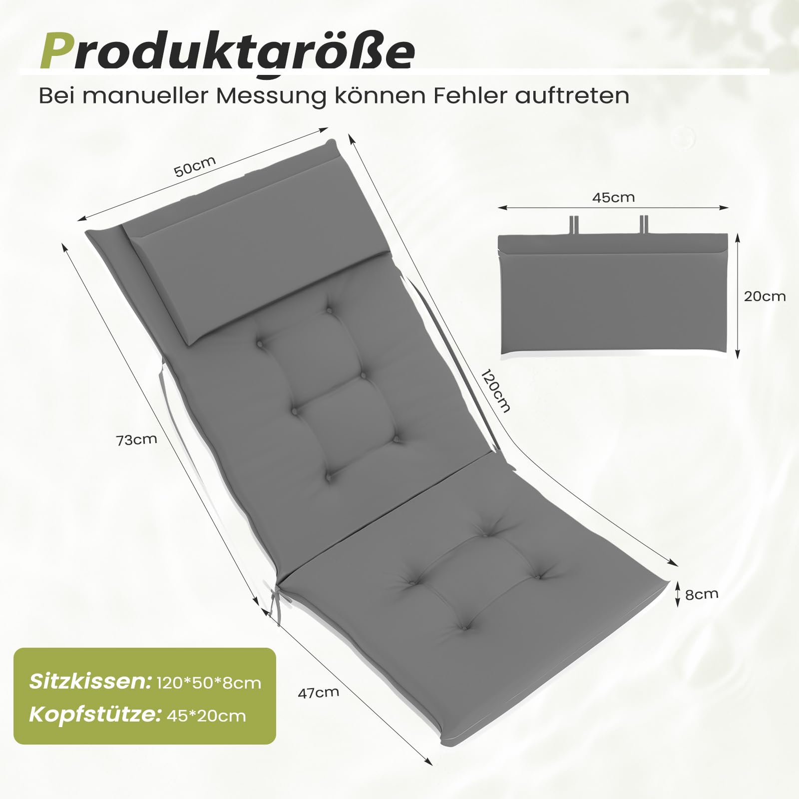 Amopatio Poduszki na siedzenia z wysokim oparciem, zestaw 2 szt., szare nakładki na krzesła ogrodowe, 120 x 50 x 8 cm, nakładki na krzesła ogrodowe, odporne na promieniowanie UV, wodoodporne, na