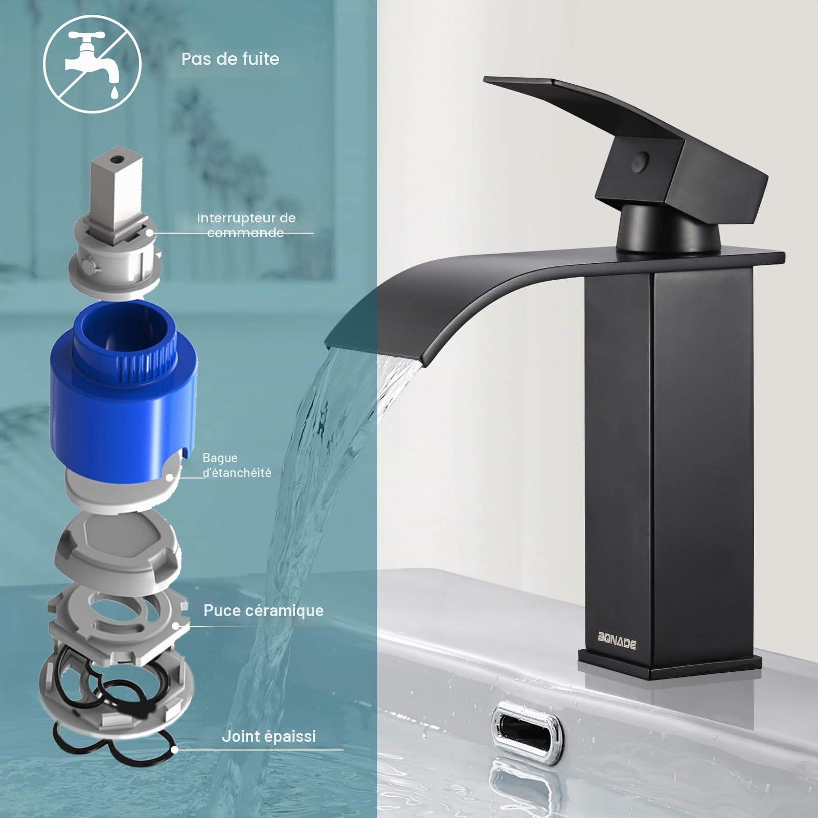 BONADE Robinet Lavabo Cascade Noir, Robinet Salle Bain Noir avec l'Eau Froide et Chaude Disponible, Mitigeur Lavabo Inox 304 de Super Qualité, Robinetterie Salle de Bains Design Elégant