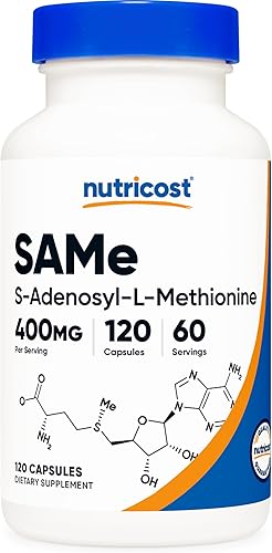 Nutricost SAM-e (S-Adenosil-L-Metionina) 400 mg por porción, 60 porciones, 200 mg por cápsula, 120 cápsulas – Sin OMG, sin gluten mismo, vegetariano
