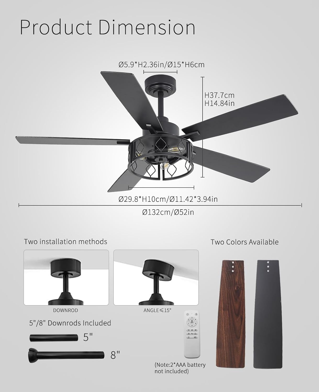 FELCO 52" Ceiling Fan with Lights and Remote, Modern Farmhouse Fan with Black/Walnut Blades,Reversible Quiet DC Motor, 6-Speed Airflow, E12 Base, Downrod Mount for Living Room Bedroom Covered Outdoor