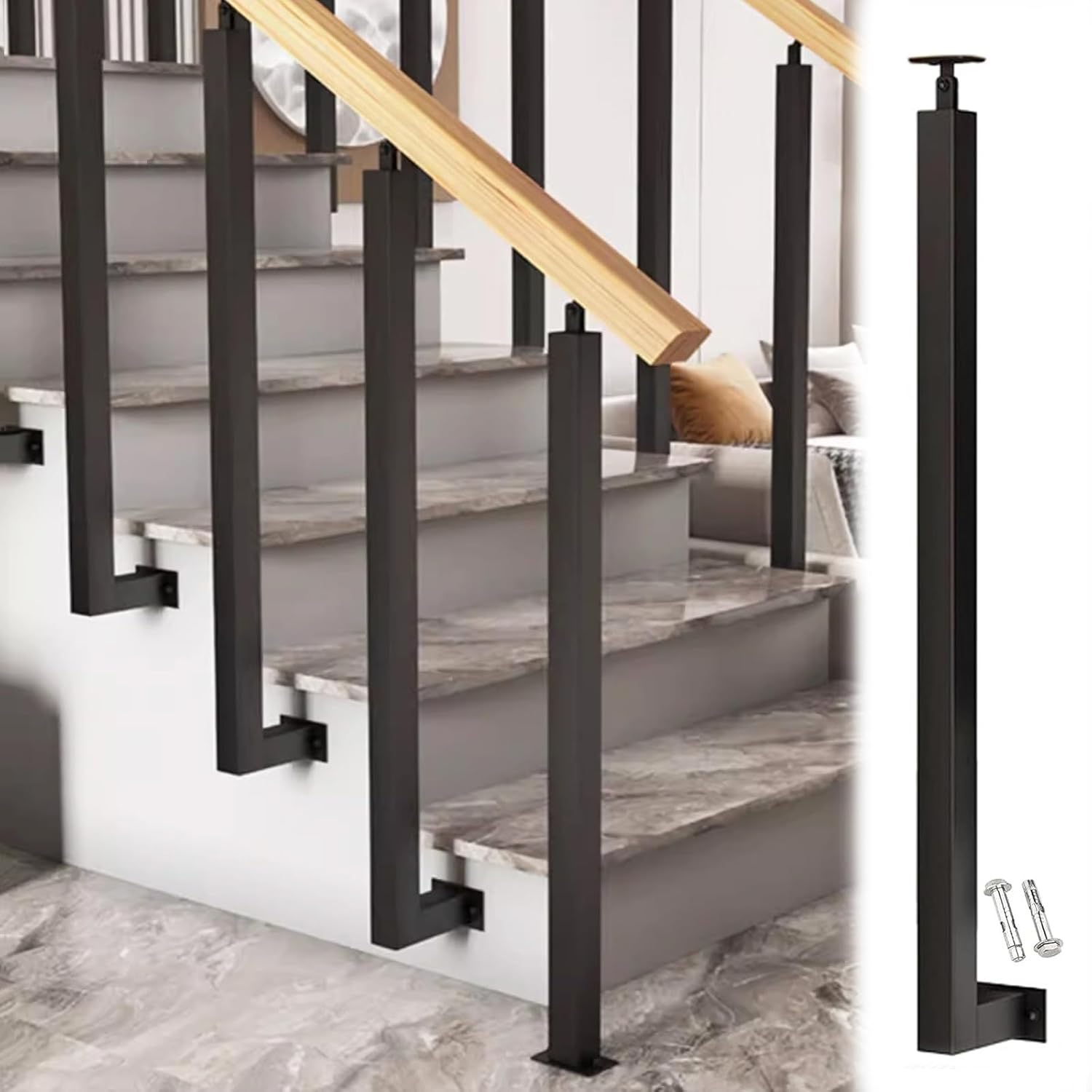 GTPBAO Indoor Stairs Balustrade Post, Square Fence Post for Terrace Kitchen Villas Attic, Elderly Adult Kids Support Rod, Black(4 Pack,70cm/27.6 inch)