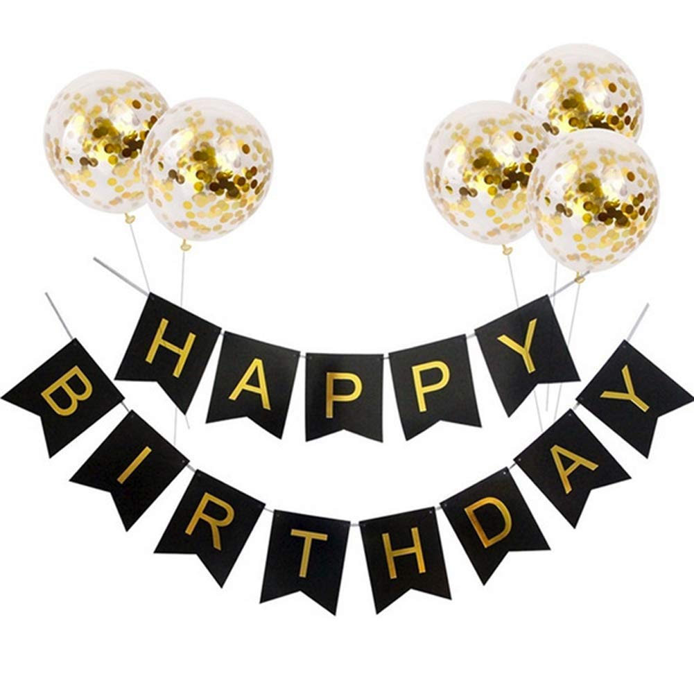 Rozi Decoration Balloons(5 Pcs) with Golden Colored Pre-Filled Confetti and Black Colored Happy Birthday Banner Combo- CB10B-B