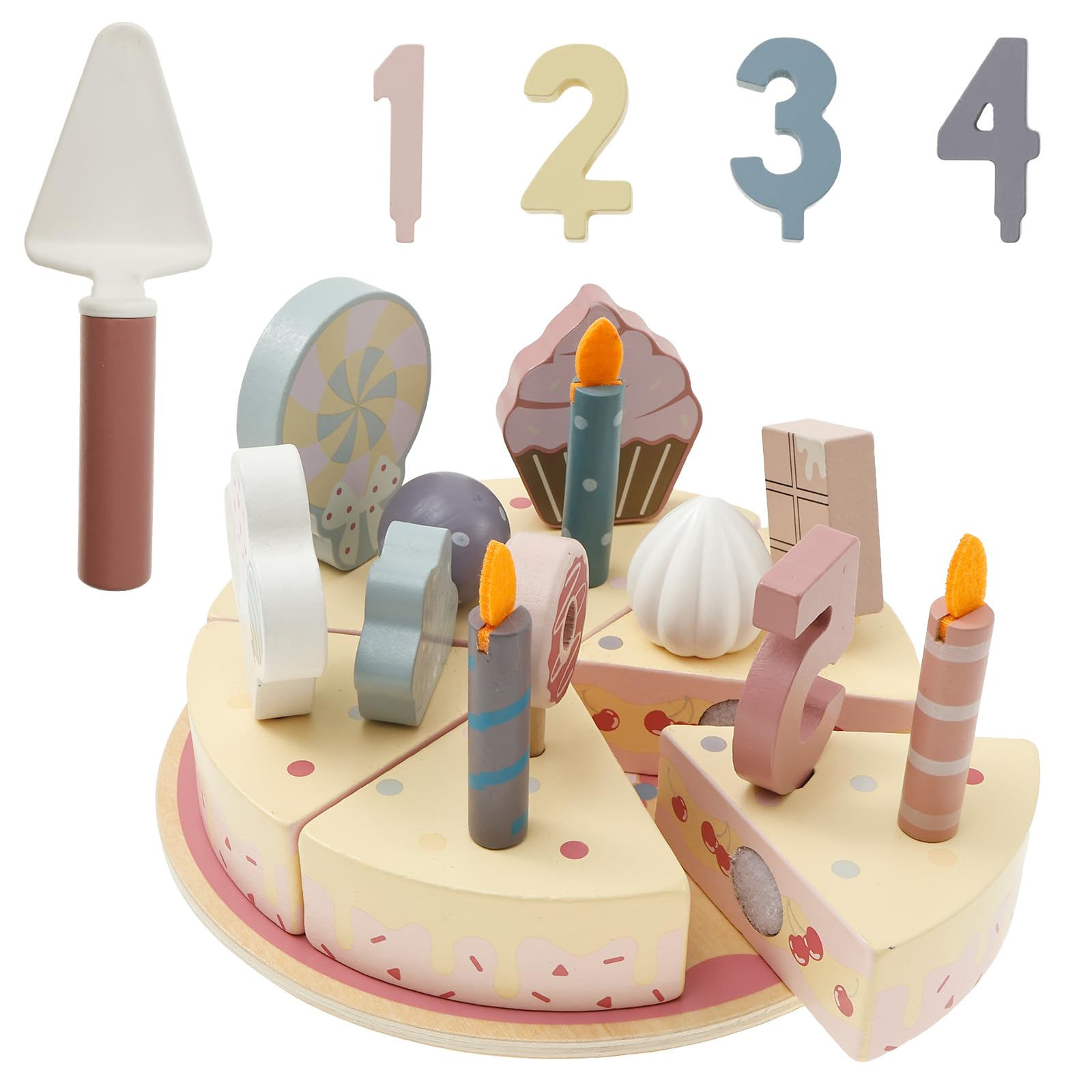 Wooden Birthday Cake Toy, Cutting and Decorating Birthday Cake Role Play Pretend Toys, Wooden Play Food Toy Kitchen Accessories and Tea Party Set for 3 4 5 Years Old Girls Boys Kids(Pink)