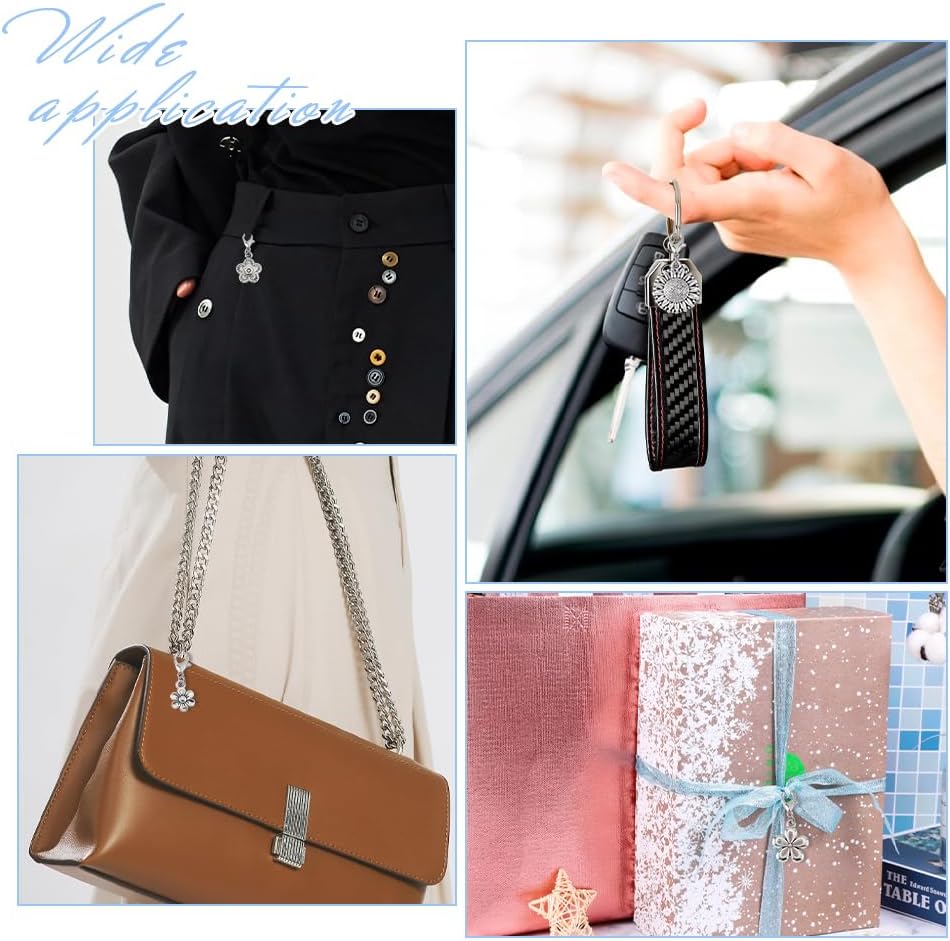 50Pcs Clip on Charm Pendants 25 Styles Antique Silver Flower Charms with Lobster Clasps Floral Alloy Zipper Pendant for Bag Purse Keychain Jewelry Making DIY Crafts - Image 6