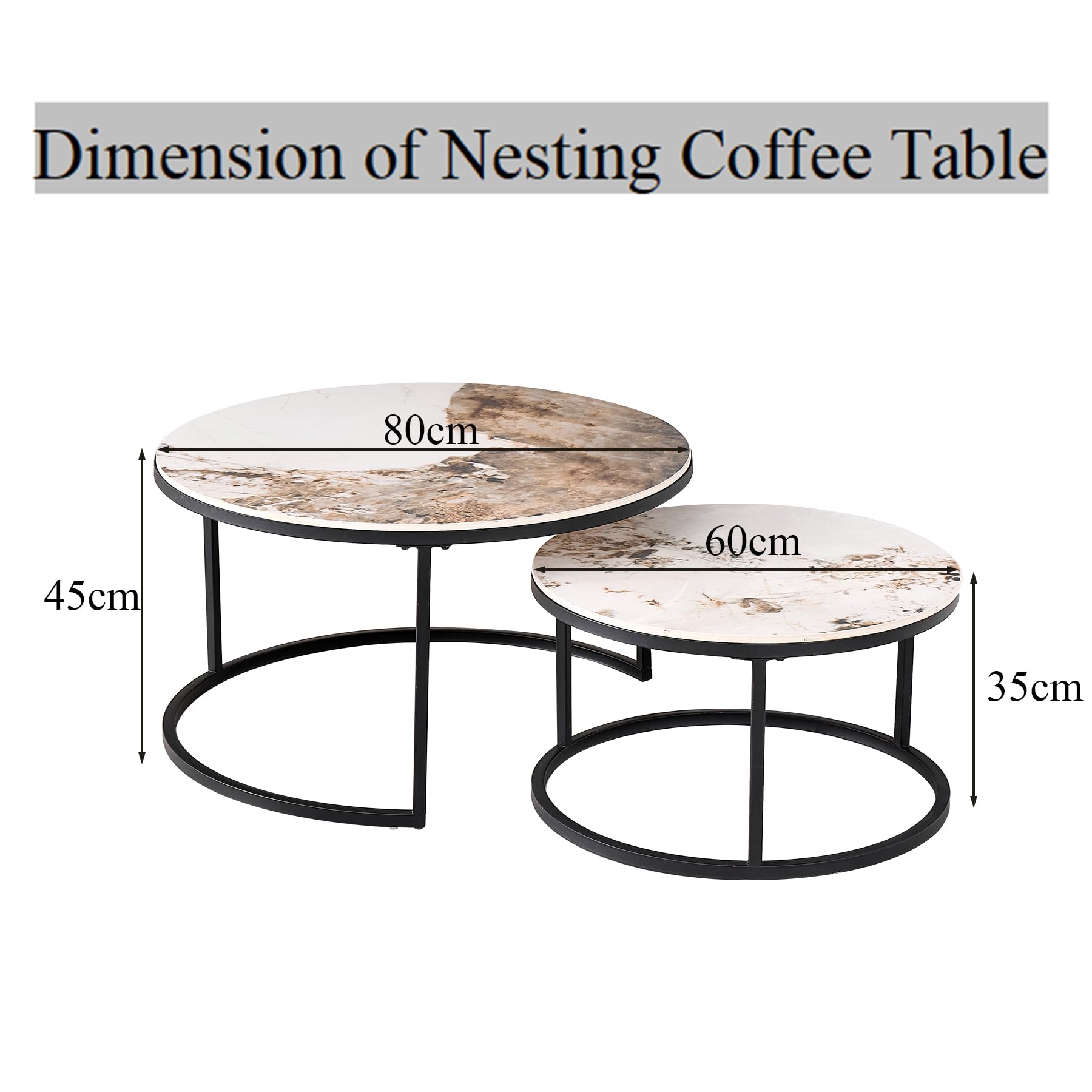 Set di 2 Tavolini Rotondi con Piano in Ceramica Tecnica (NON in MDF); Tavolini Sovrapponibili Idéal pour Soggiorno, Camera da Letto (Pandora+Nero), 60+80cm