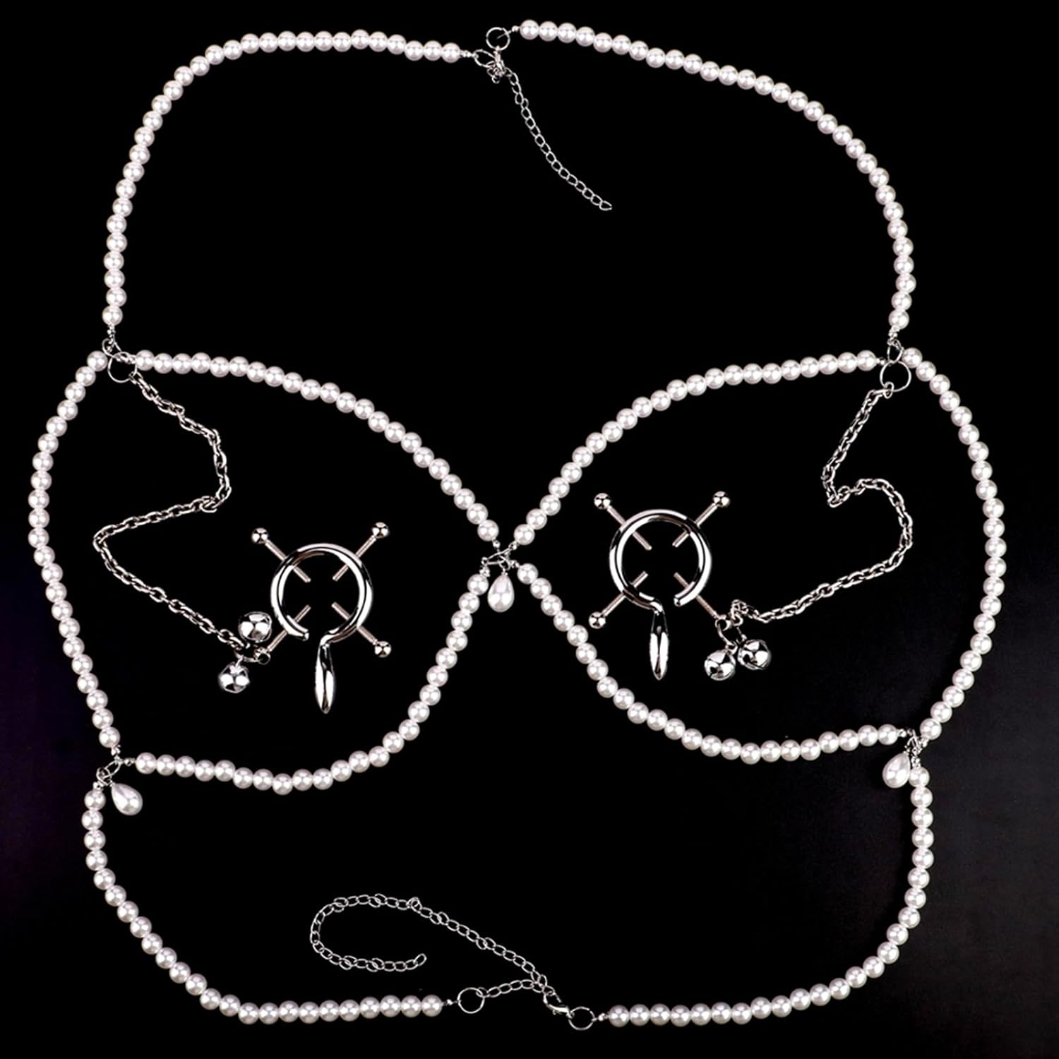 304 Stainless Steel Earring Shape Wearable Detachable Nipple Clips Massager with Chains and Bells, Adjustable Metal Nipple Clamps Adult Sex Toy for Men Women - B