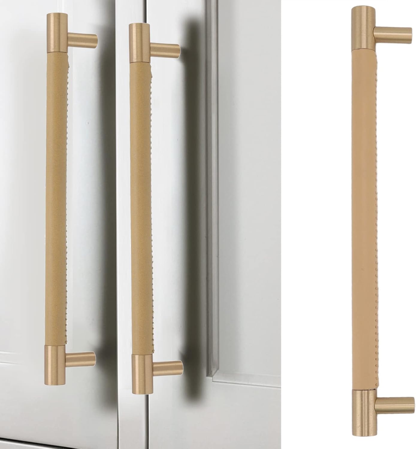 Door Handle, 224MM Hole Pitch Leather Brass Light Luxury