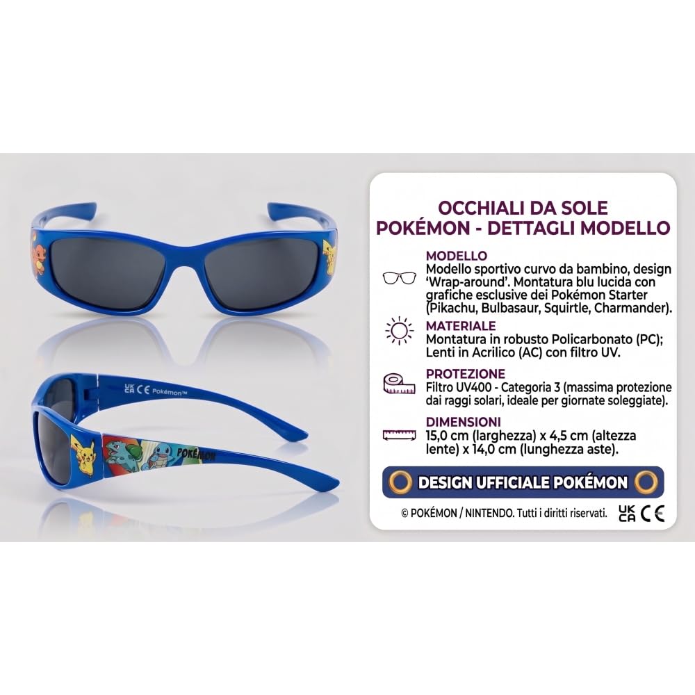 CARTOON Lunettes de soleil sport pour enfant Pikachu Bulbasaur & Squirtle UV400 Cat.3 verres acryliques monture polycarbonate bleu enveloppant idée cadeau Pokémon