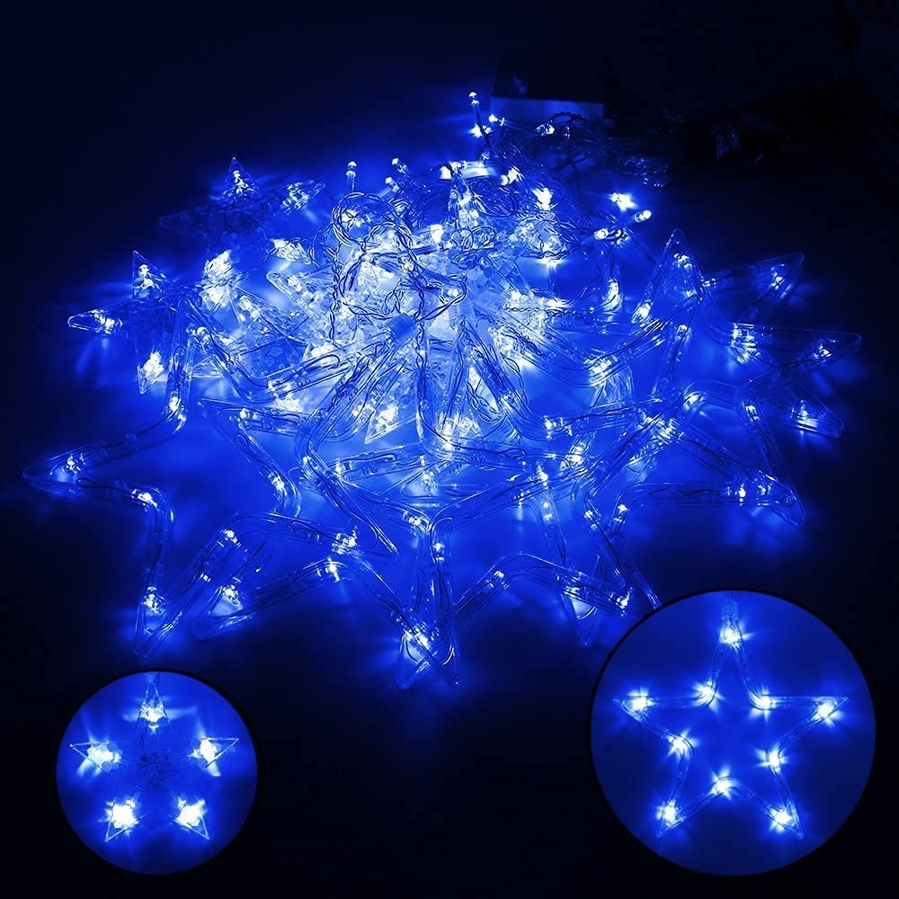 Cadena de luces LED para cortina, funciona con pilas, 2,5 m con 12 estrellas, 138 luces LED, 8 modos de luces de Navidad para árbol de Navidad, fiesta, boda, dormitorio, decoración de Navidad (azul)