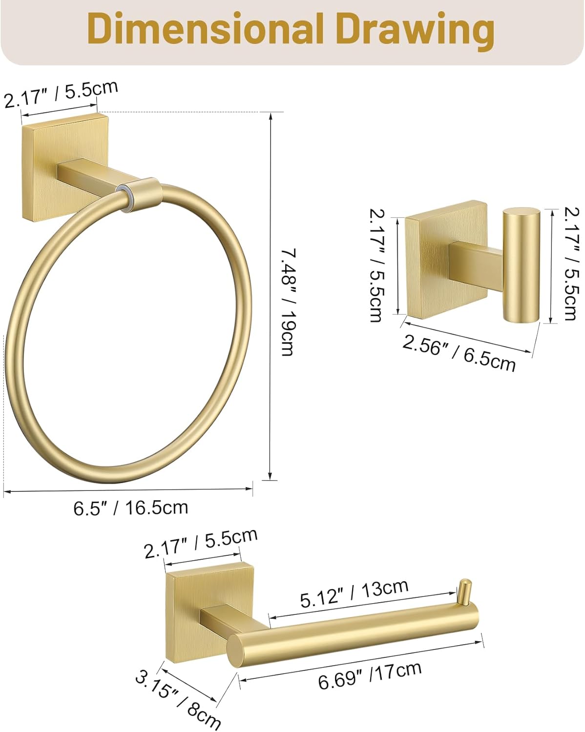 Towel Ring Set 4 Piece Bathroom Hardware Set Includes Towel Ring 2 Towel Hooks and Toilet Paper Holder Stainless Steel Wall Mounted (Brushed Gold) - Image 7