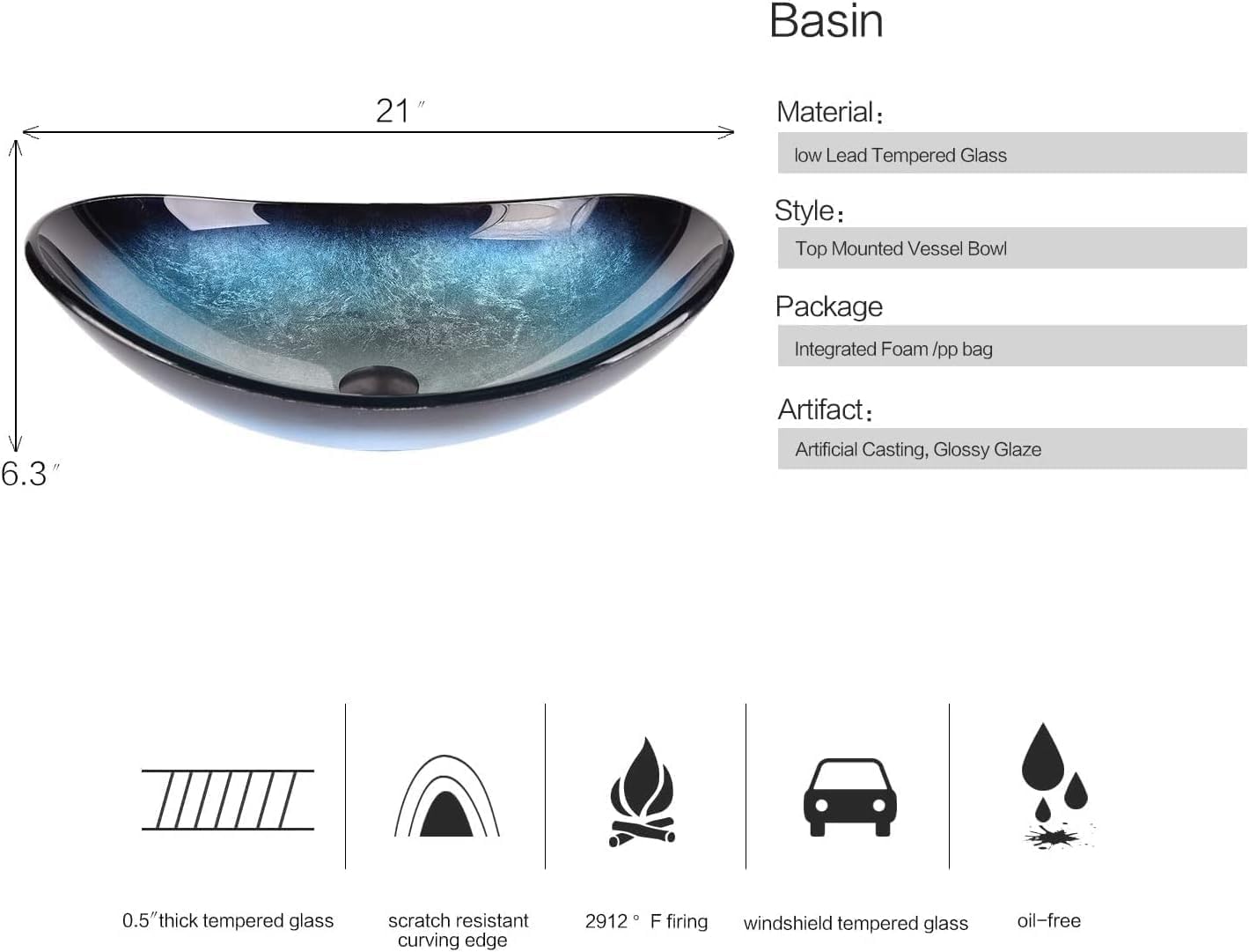 YOURLITE 24" Bathroom Vanity with Sink, White Bathroom Vanity and Sink Combo with Faucet & Pop Up Drain Set,Traditional Vanity with Blue Glass Bowl Bathroom Sink