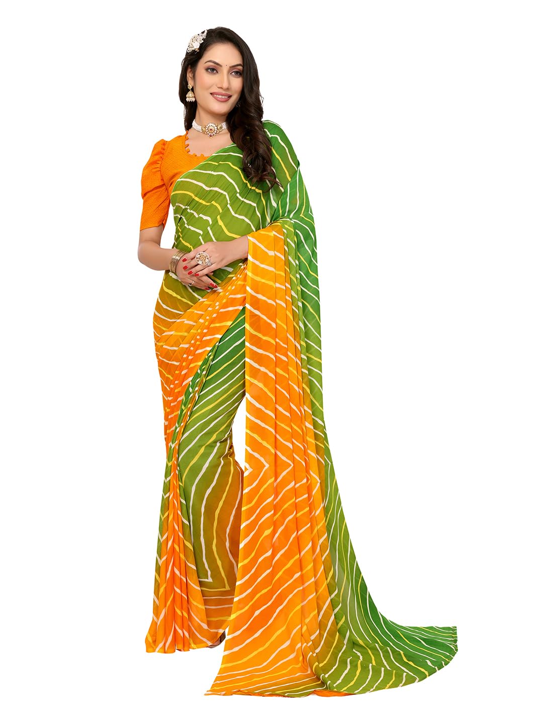 Women's Printed, Striped, Ombre Bollywood Georgette Saree with Blouse Piece | Stylish & Attractive | Fancy Saree for Parties, Weddings, Festivals (Green, Orange)(GY_MD_RS_1721_2)-image-42