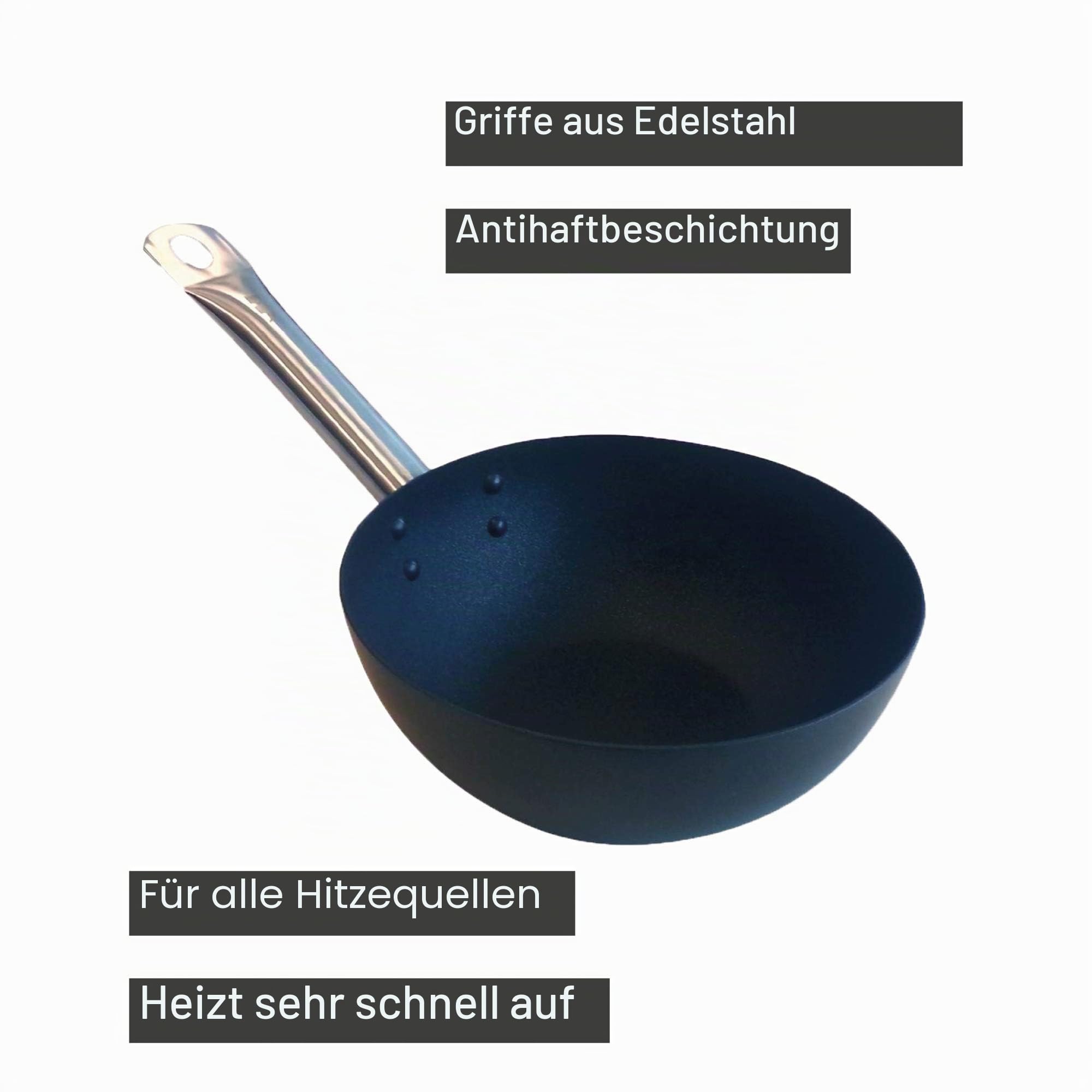 Point-Virgule Wok Pfanne mit Antihaft Beschichtung und Edelstahlgriff für Wok-Grillgerichte zu bereiten, auch für Induktion geeignet, Ø 20CM, Schwarz
