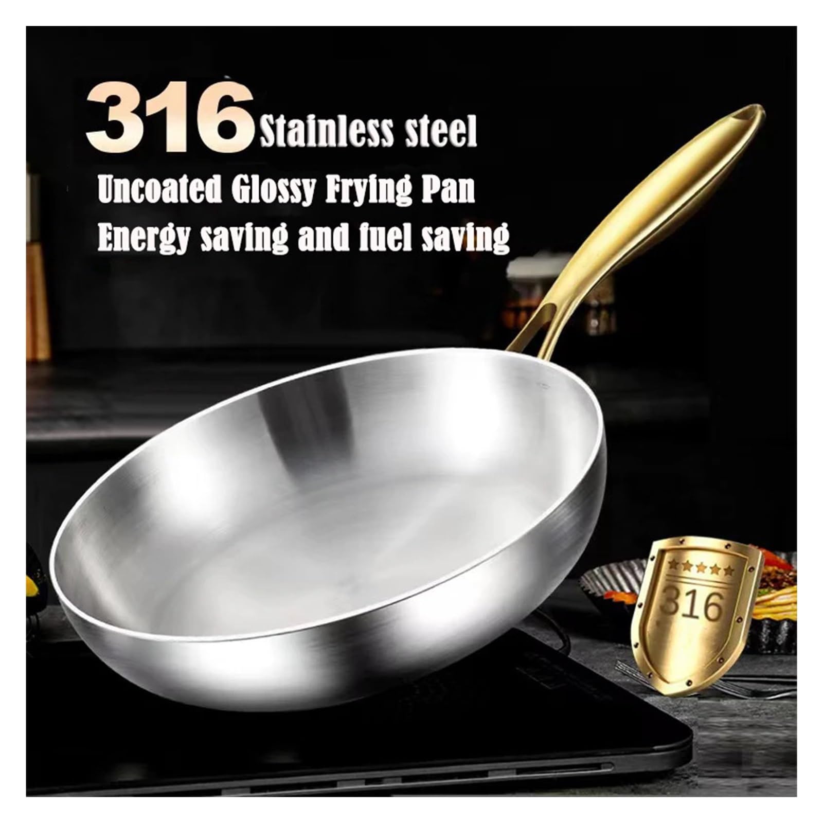 poele inox Poêle à frire en acier inoxydable, wok, antiadhésive, for steak frit, cuisinière gaz, casserole induction, ustensiles de cuisine(24cm)