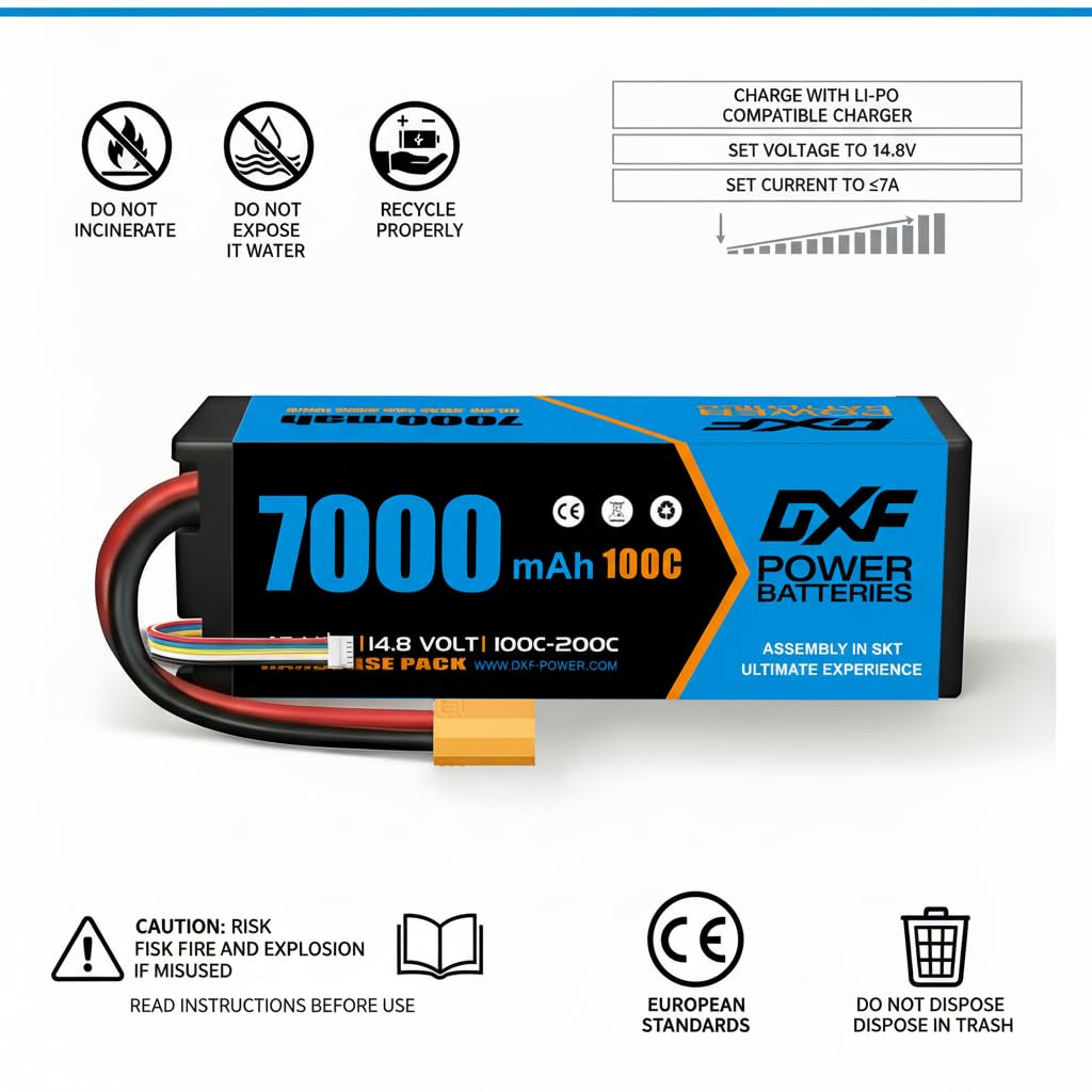 DXF 2 Pack Batería LiPo 4S 14.8V 7000mAh 100C Conector XT90 Coche RC 1/8 1/10 Buggy Truggy Monster Truck Slash Stampede Radiocontrol Polímero Litio Hardcase Brushless