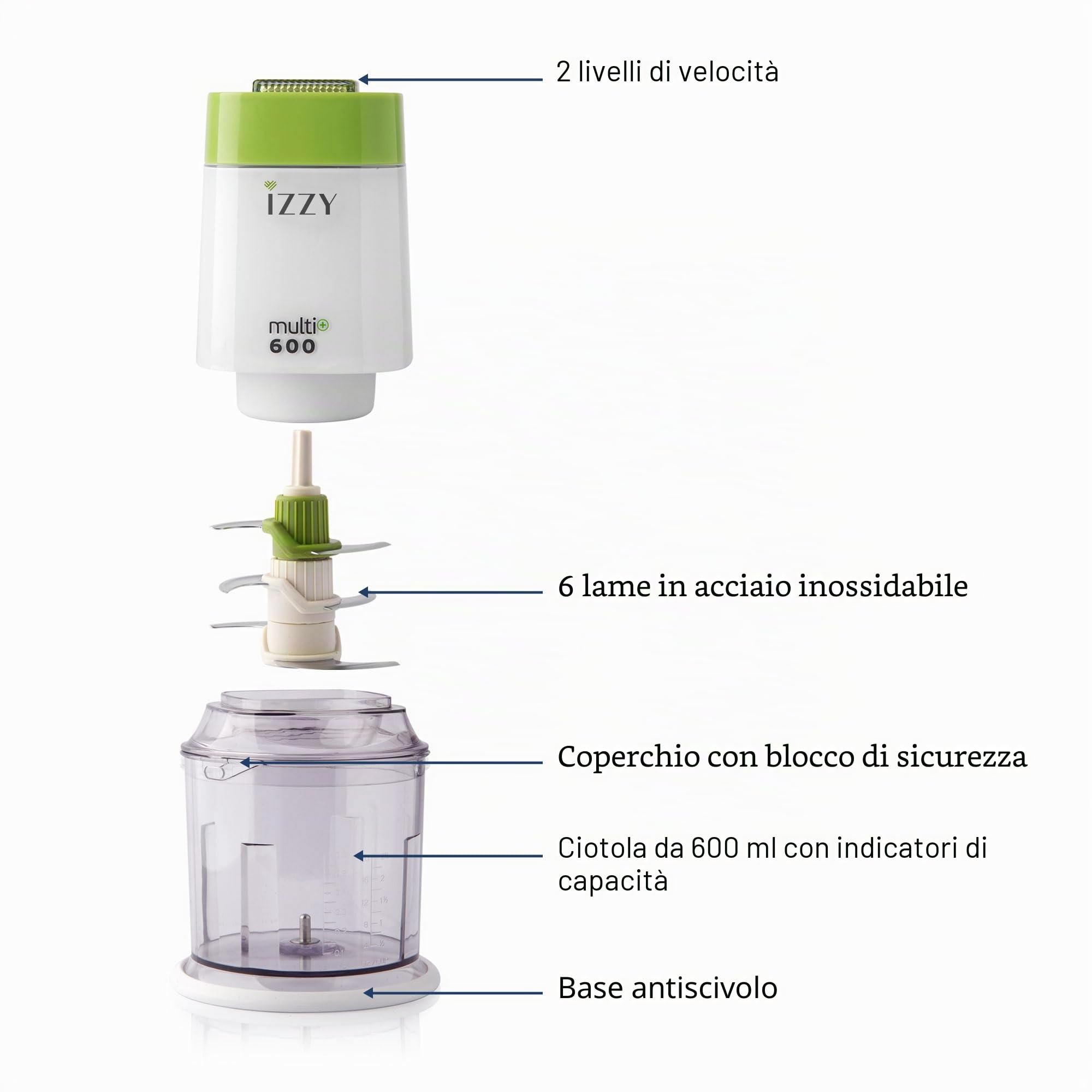 Benrubi IZZY Multi+ 600 - Tritatutto a 6 lame, tritatutto elettrico, tritatutto cipolle, tagliaverdure, 600 W, capacità 600 ml