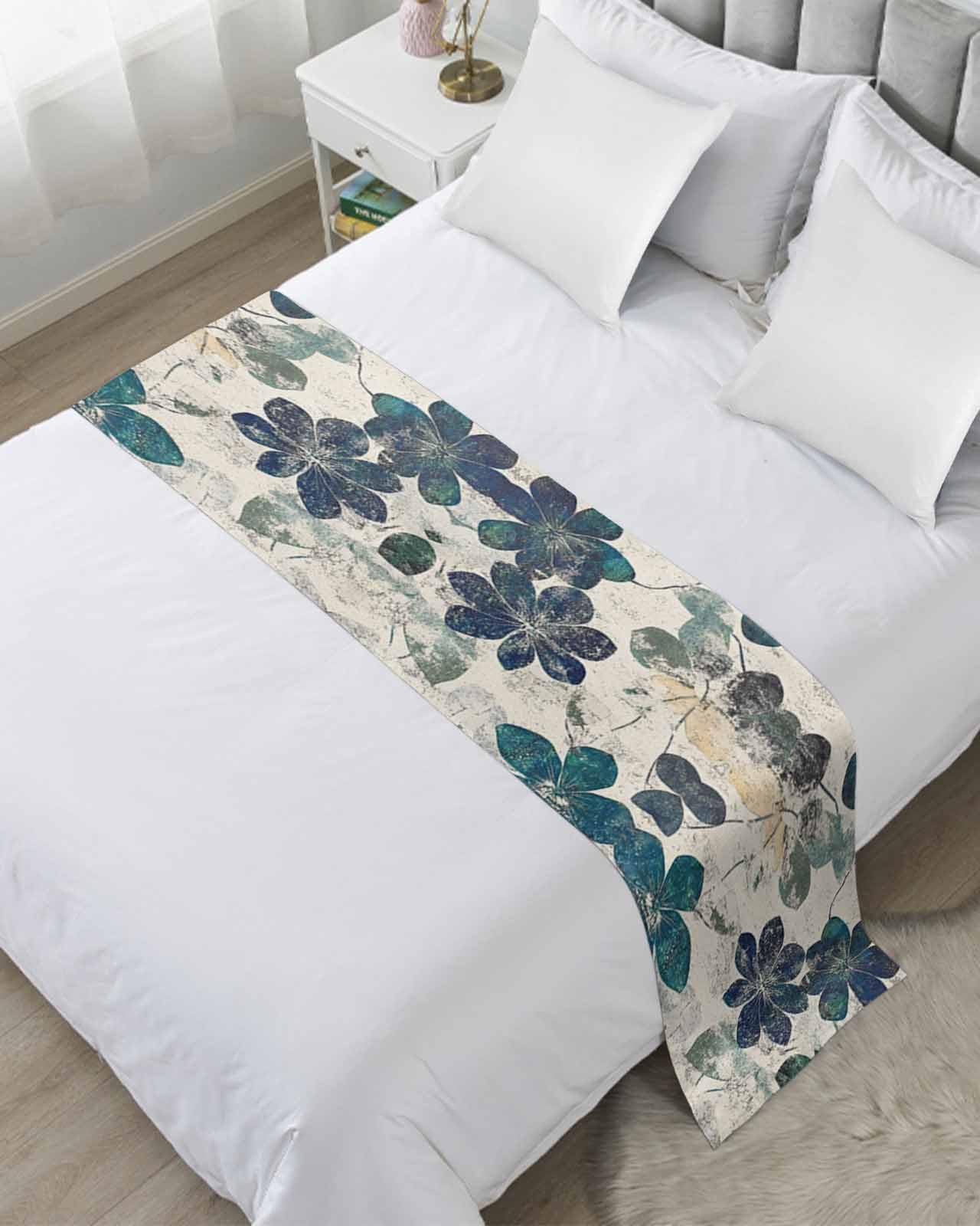 Teal Green Leaves Bed Runner for Full/Queen Size, Vintage Shabby Botanical Bedspread Protector Slipcover Bed Scarf for Foot Runners & Scarves for Bedroom Hotel Wedding Room 83x20 Inches