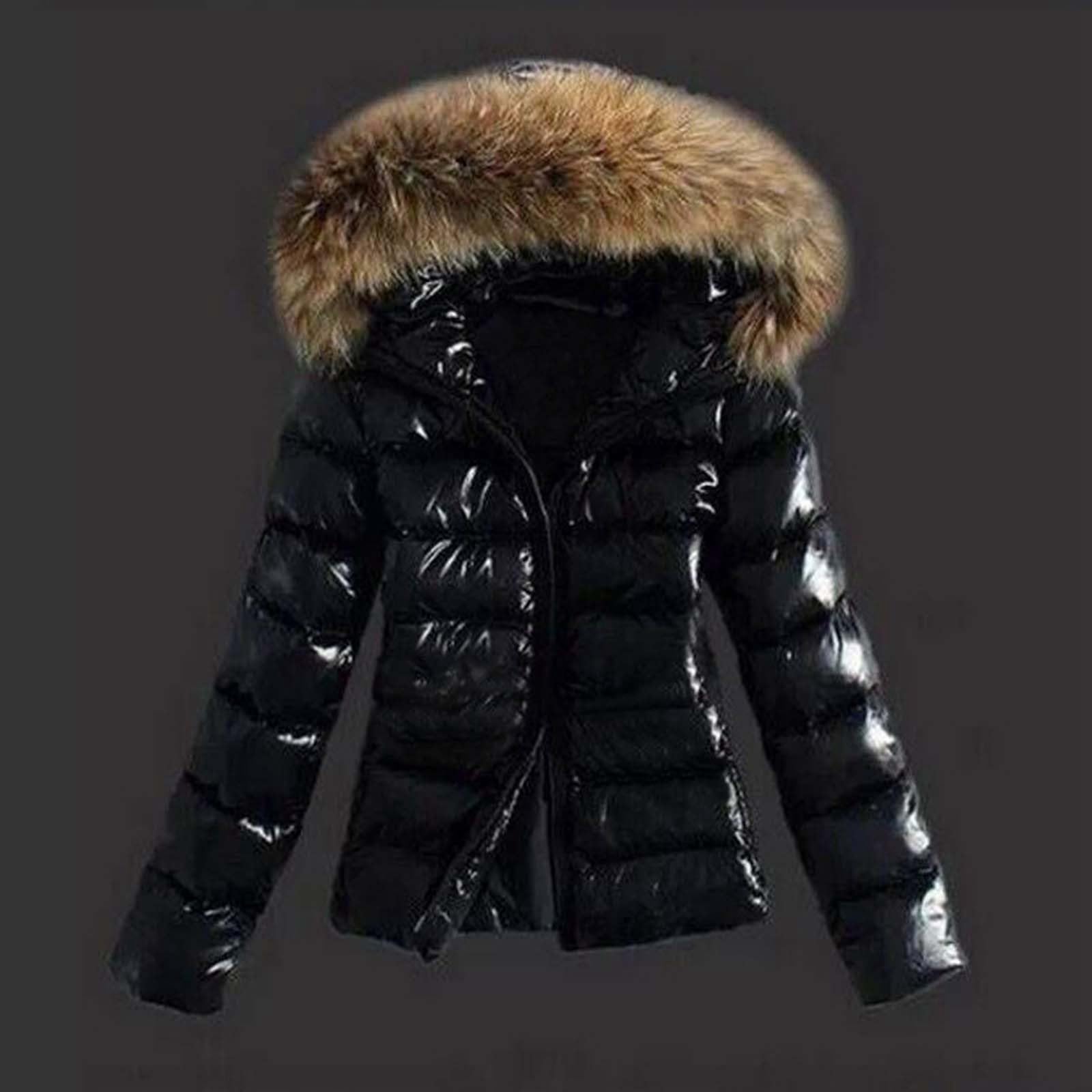 Manteau D'hiver - Doudoune Brillante pour Femme - Veste d'hiver Courte - Veste Matelassée - Vêtement D'extérieur pour Femme - Manteau D'hiver en Duvet avec col en Fausse Fourrure