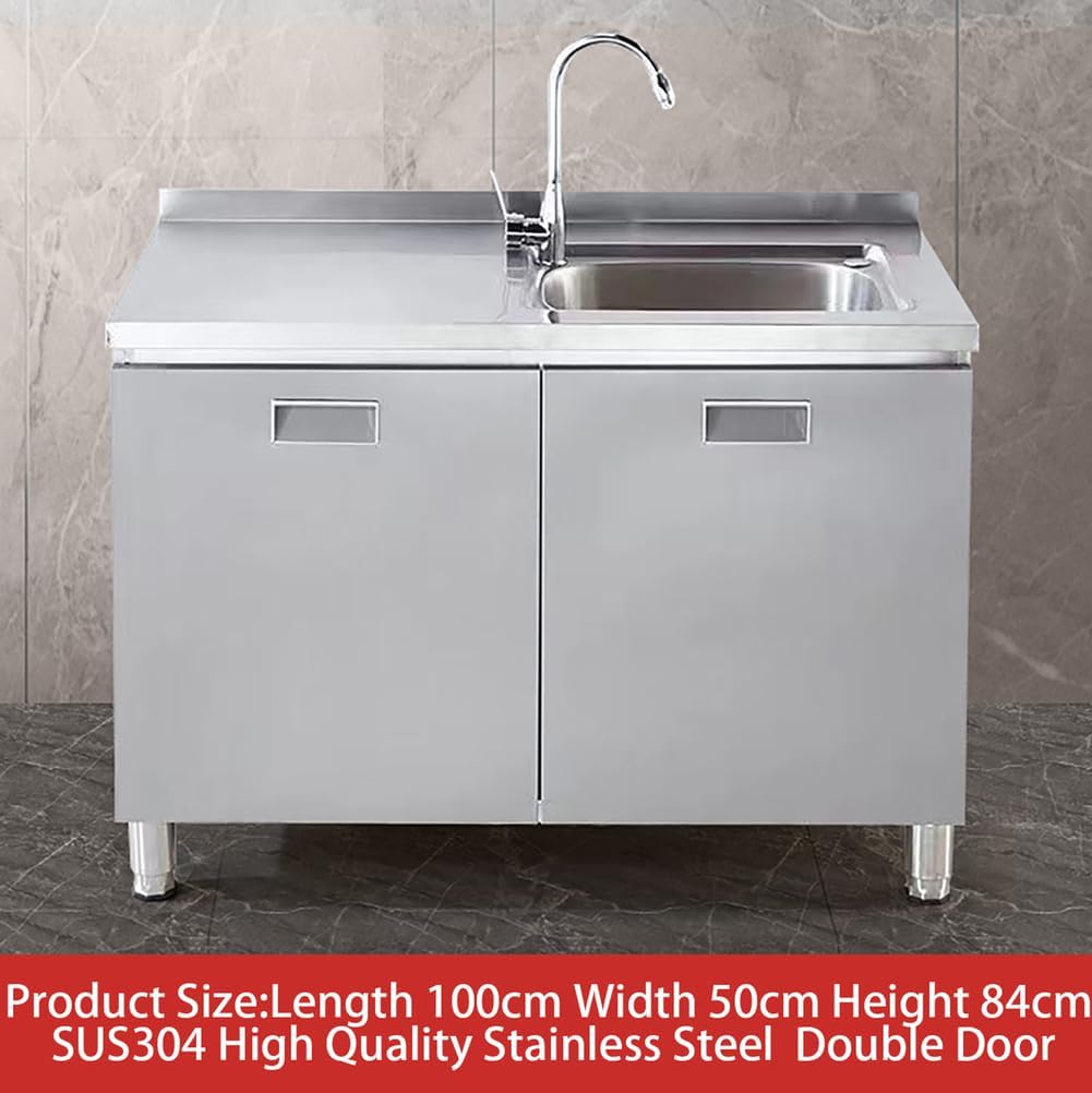 27.5-39.3In Free Standing Laundry Sink,304 Stainless Steel Sink,Utility Sink with Workbench And Storage,with Hot And Cold Water Faucets,for Kitchen,Garage,Indoor Outdoo,Silver,100 * 50 * 84cm