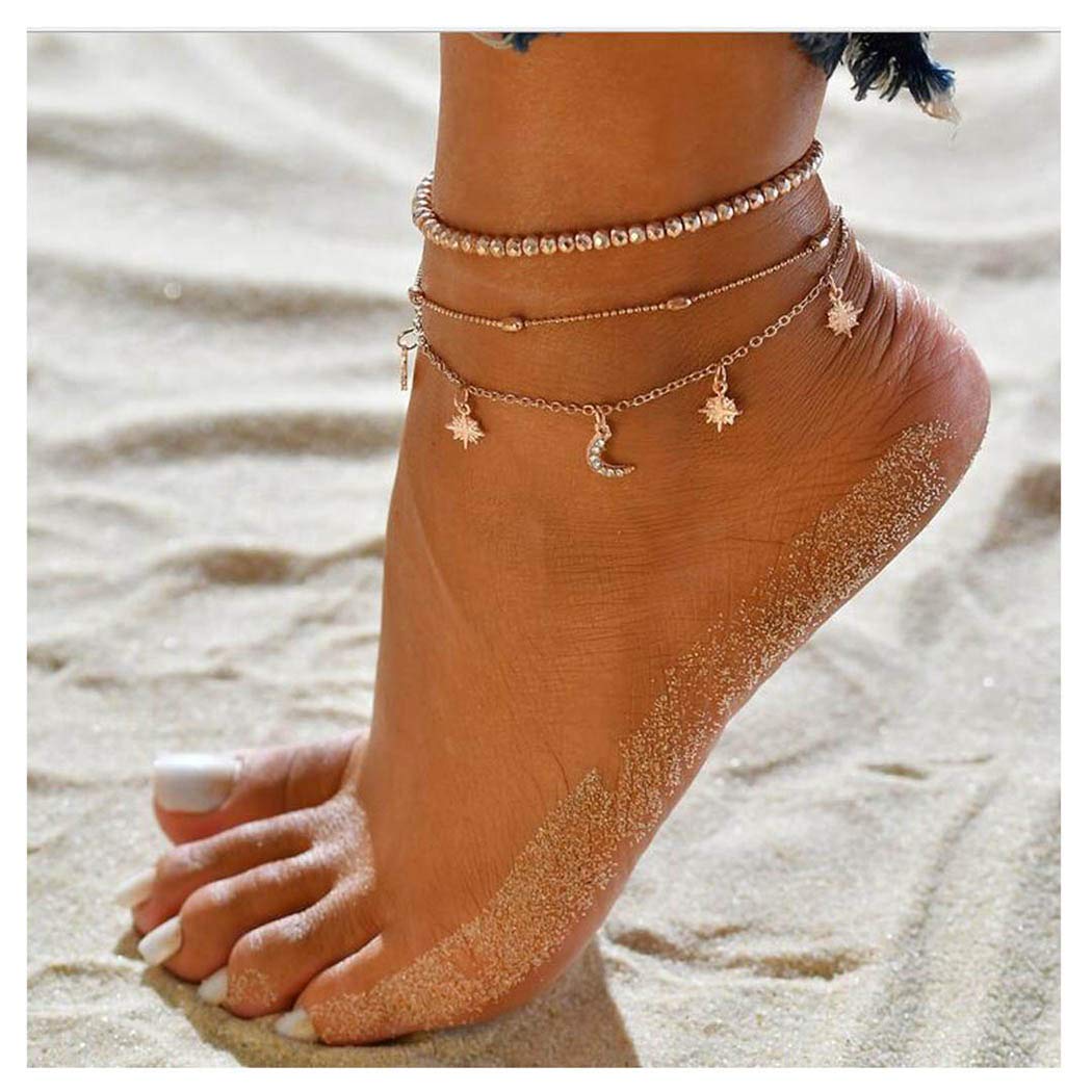 LovogueMoon Crescent Anklet Bracelet Turquoise Multilayer Hands Tassels Foot Chain Jewelry for Women Girls