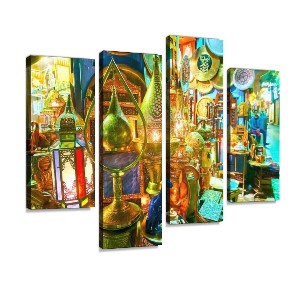 quetas artwork The lamp store in Khan El Khalili Bazaar, Cairo, Egypt Canvas Print Wall Art Pictures Framed Digital Print Abstract Painting Room Home Office Decor Ready to Hang 4 Panel
